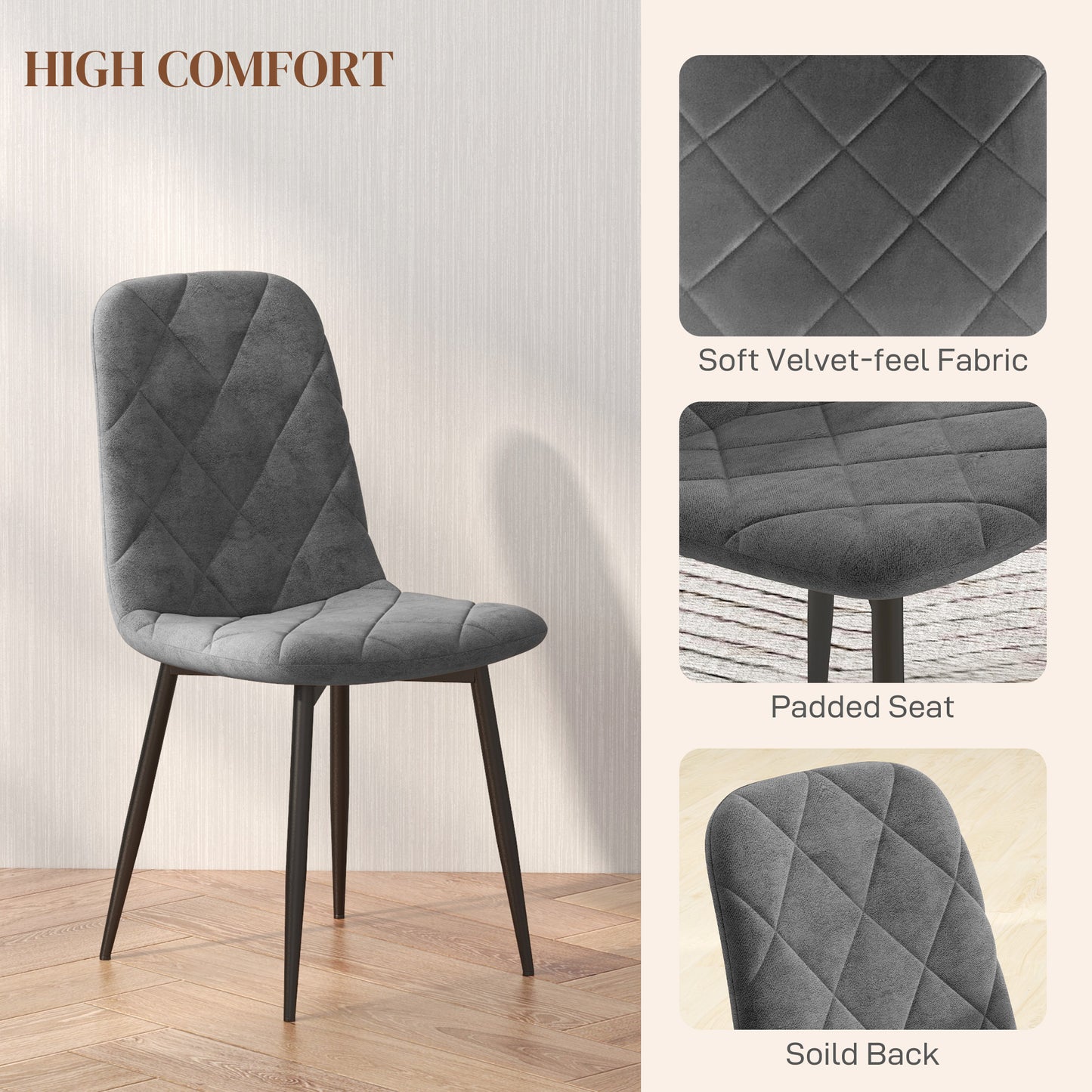 Velvet-Feel Upholstered Dining Chairs with Steel Legs, Grey (Set of 4)