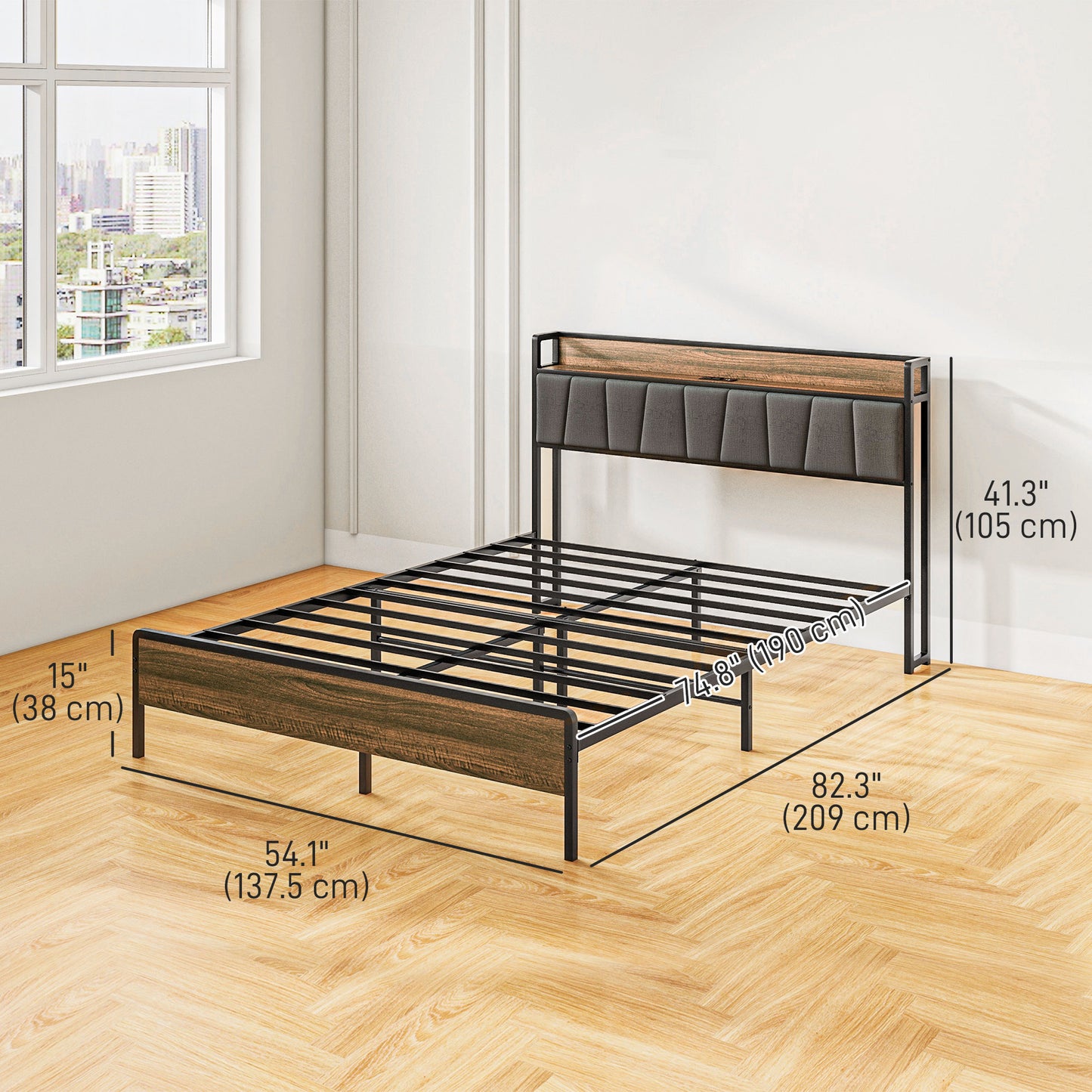 Full Size Bed Frame with Upholstered Headboard and Charging Station