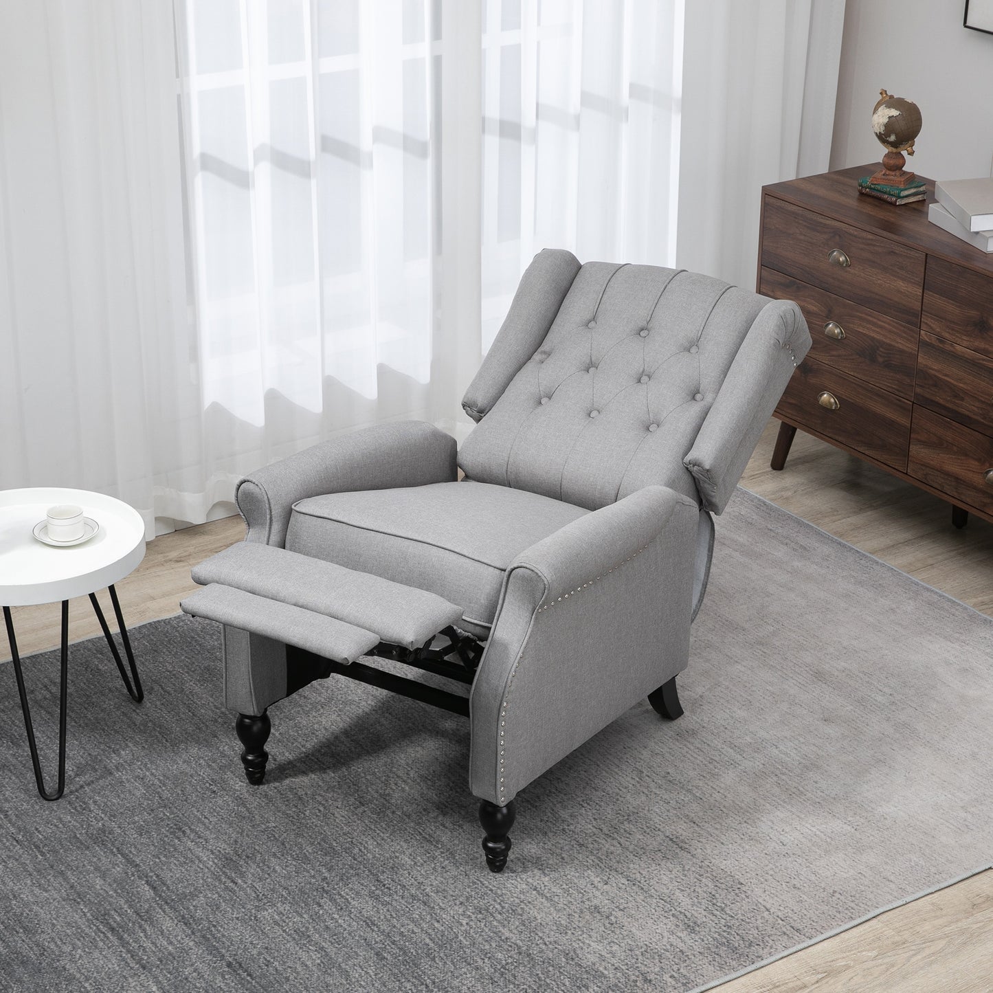 Manual Reclining Chair with Button Tufted Backrest, Light Grey