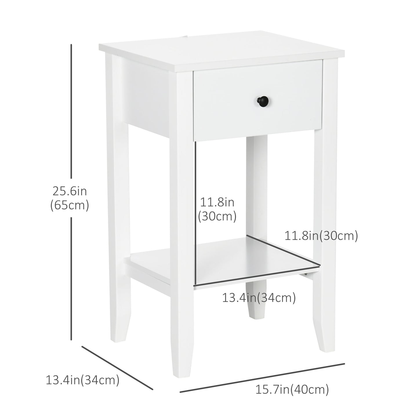 2-Tier Side Tables with Drawer and Shelf, White (Set of 2)