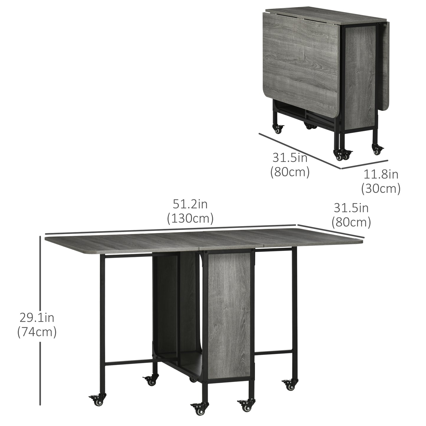 Folding Dining Table with Storage Shelf and 6 Wheels - Distressed Gray