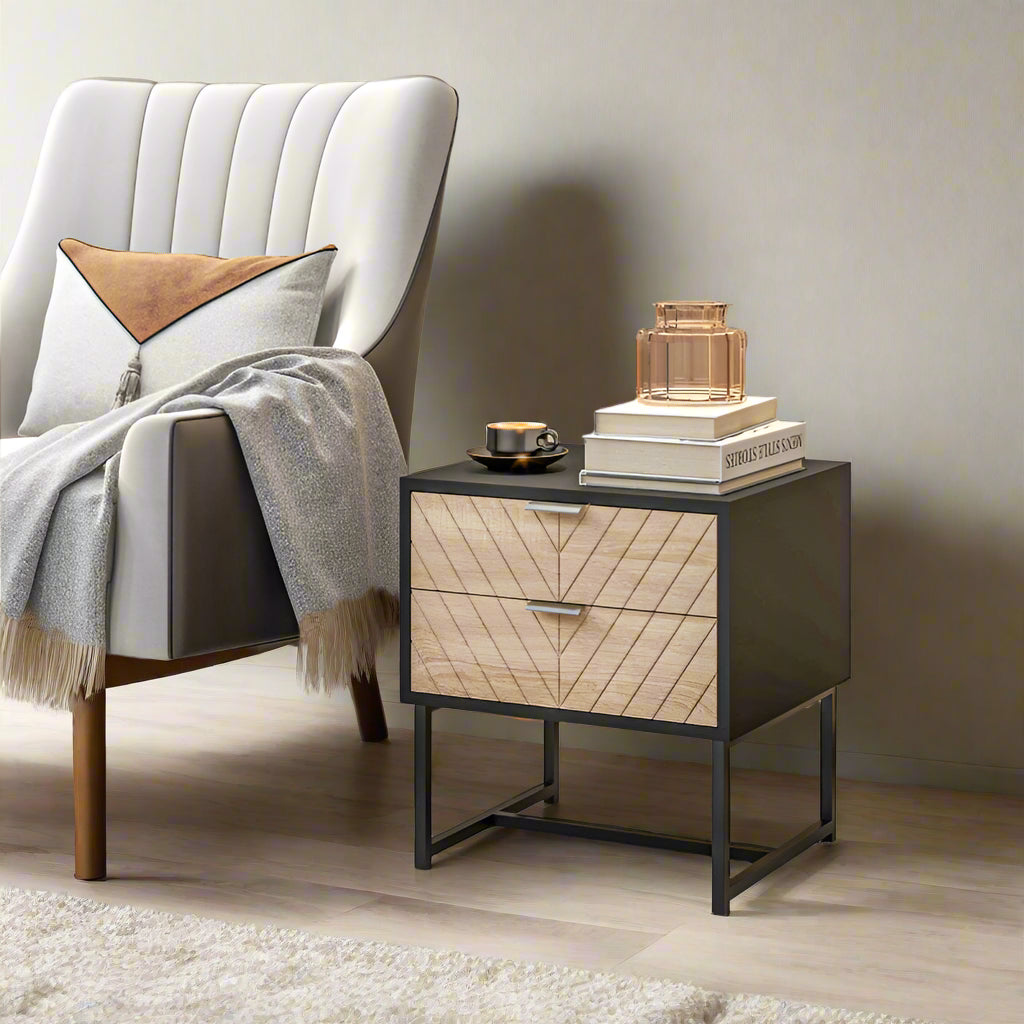 Modern Herringbone Nightstand with Steel Frame, Black and Oak