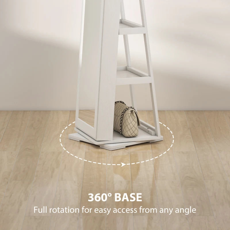 360° Swivel Jewelry Armoire with Lockable Mirror Cabinet, White