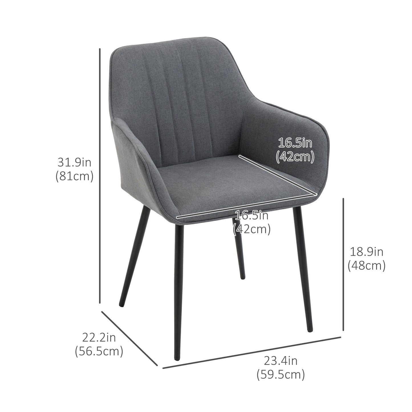 Linen Fabric Armchair Dining Chairs with Metal Legs, Dark Grey (Set of 2)