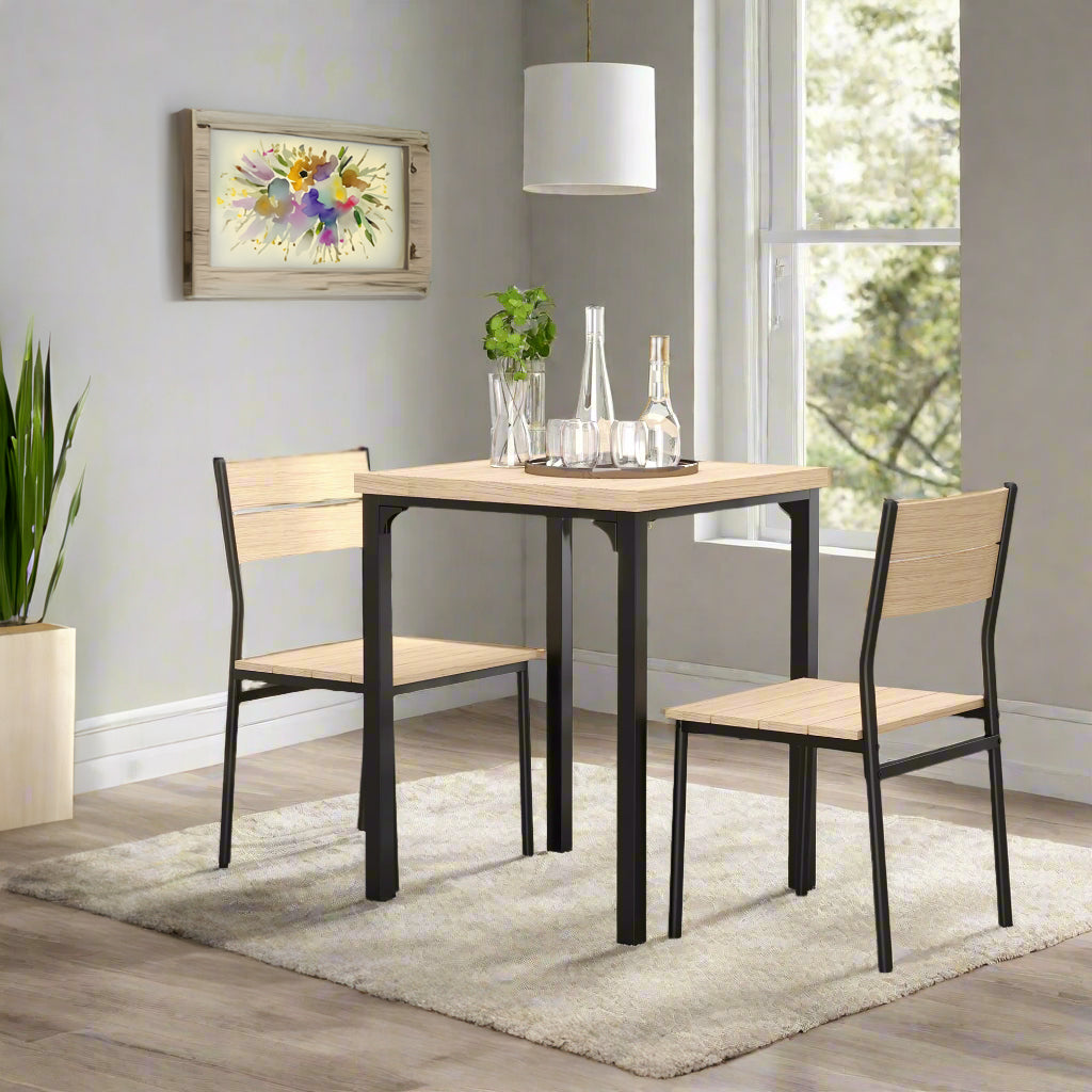 3-Piece Wooden Dining Set with Industrial Metal Frame - Natural Wood