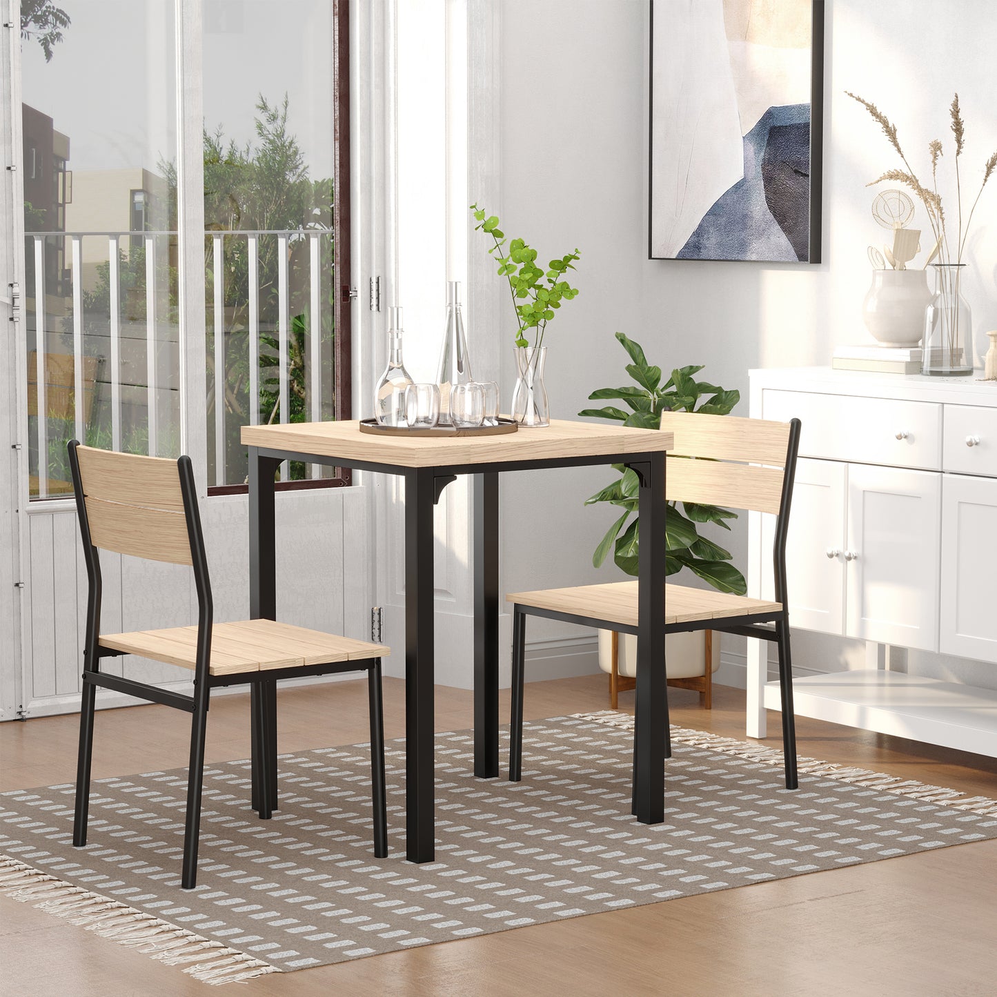 3-Piece Wooden Dining Set with Industrial Metal Frame - Natural Wood