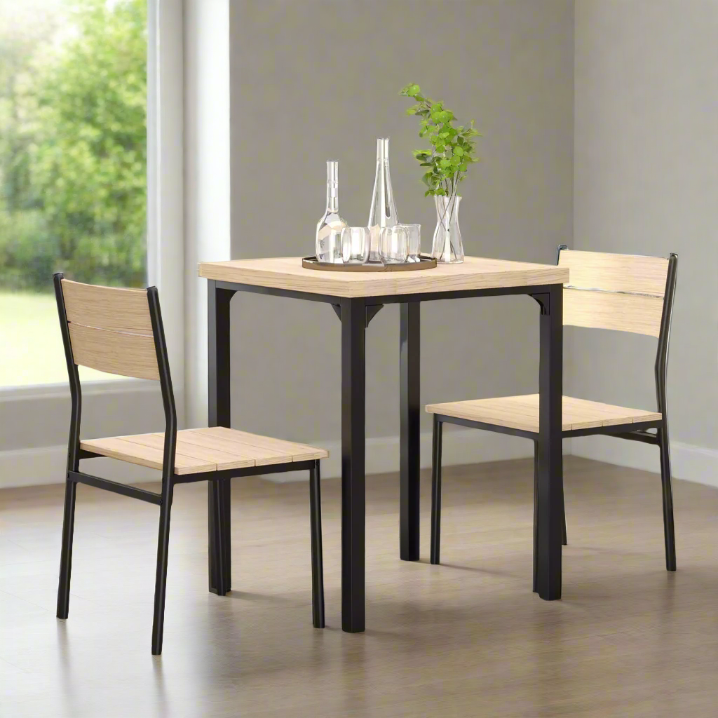 3-Piece Wooden Dining Set with Industrial Metal Frame - Natural Wood