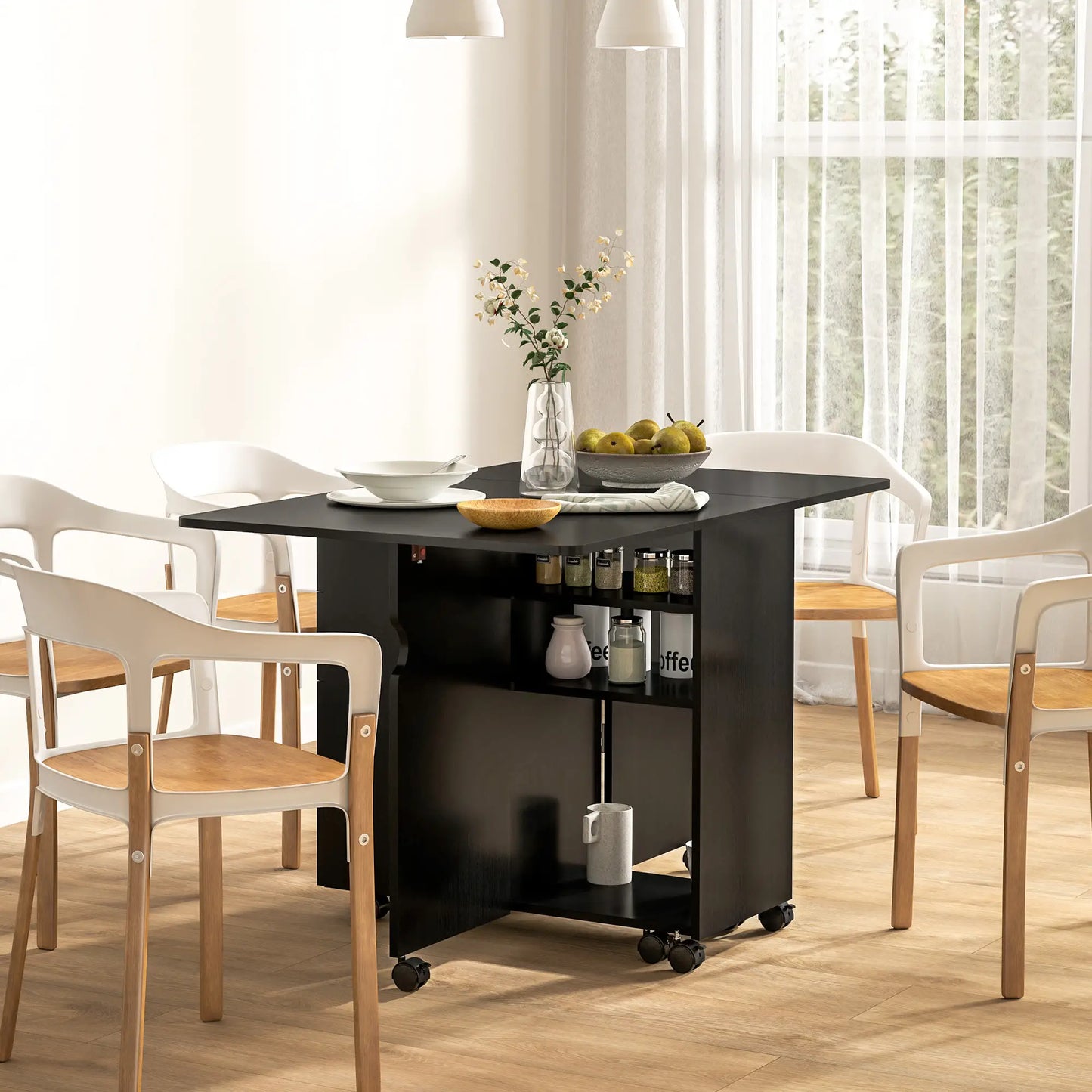 Extendable Drop Leaf Dining Table with Storage - Black Wood Grain
