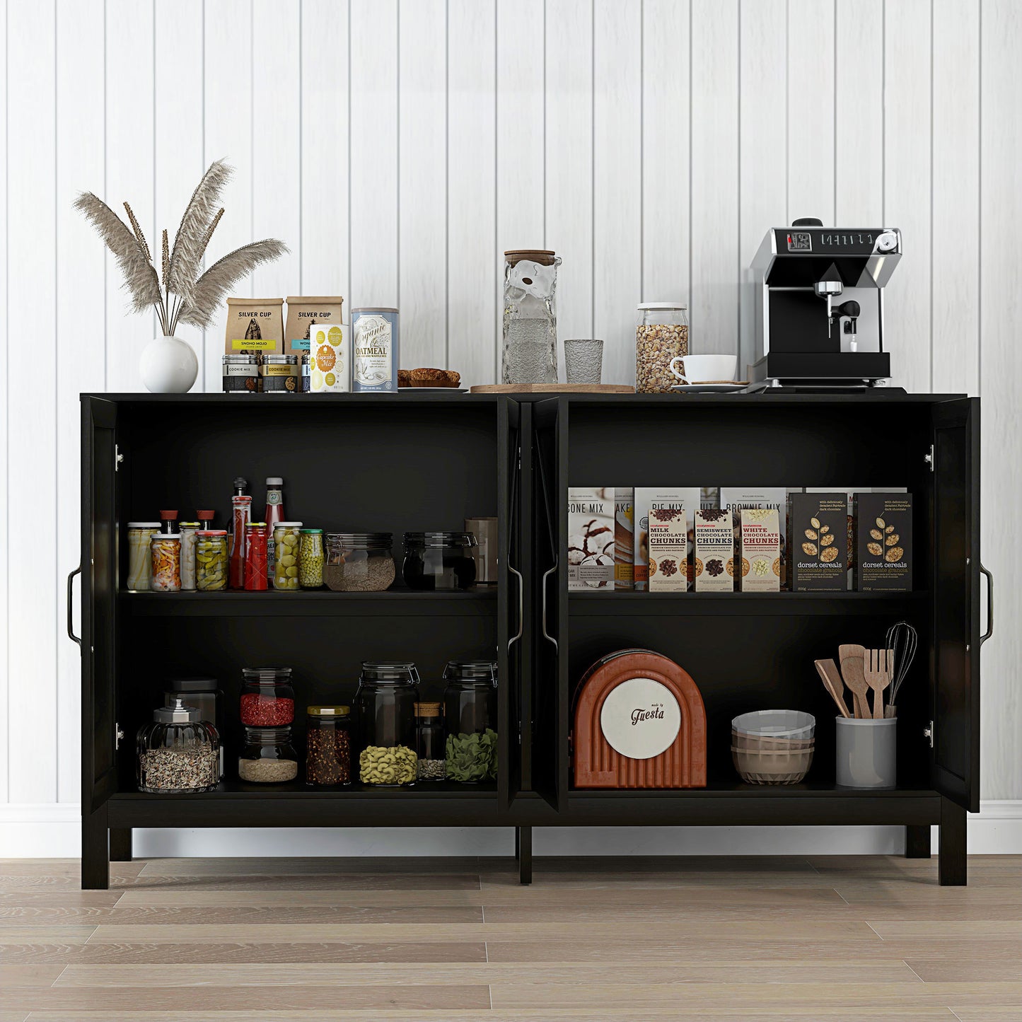 Farmhouse Buffet Storage Cabinet with Barn Door Design - Black Oak