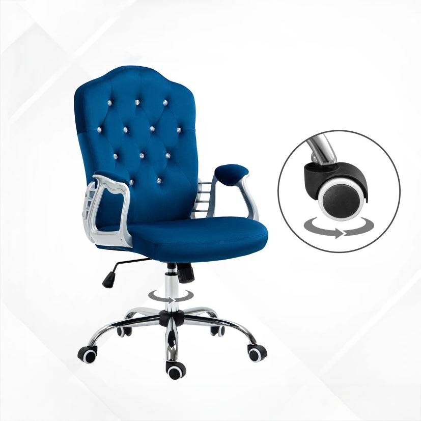 Velvet Swivel Office Chair with Button Tufted Design and Adjustable Height, Dark Blue