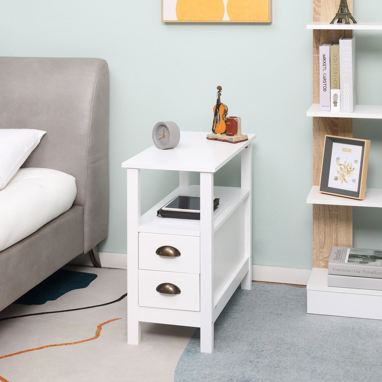 White Slim End Table with Drawers for Compact Spaces