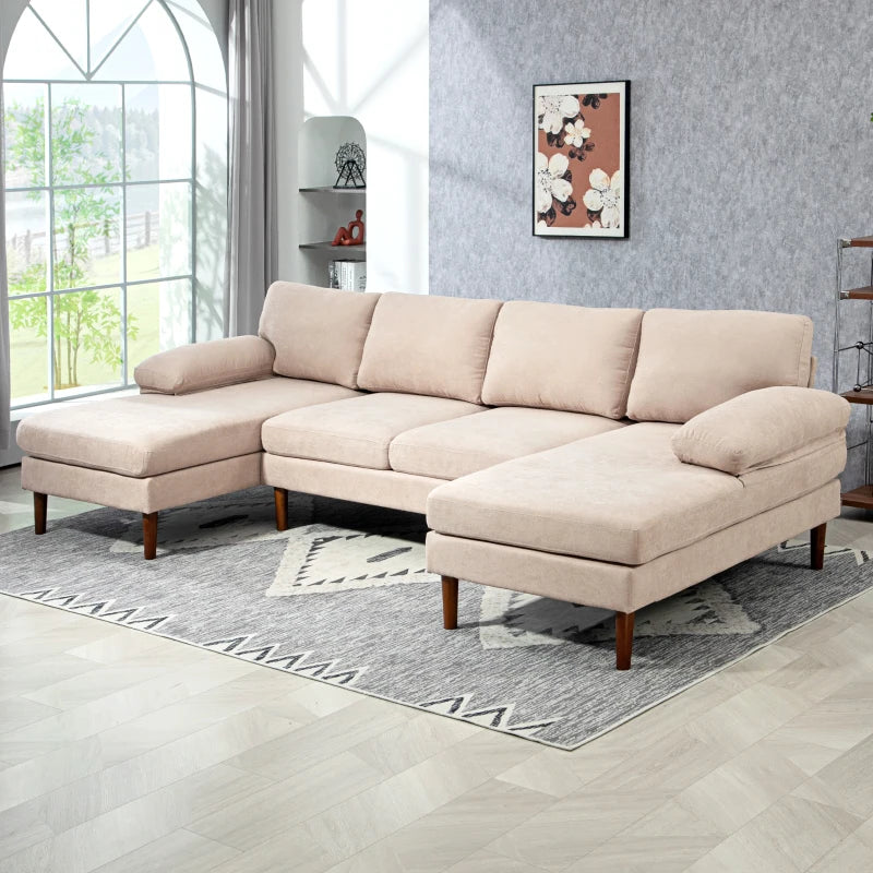 U-Shaped Sectional Sofa with Double Chaise Lounge, Beige