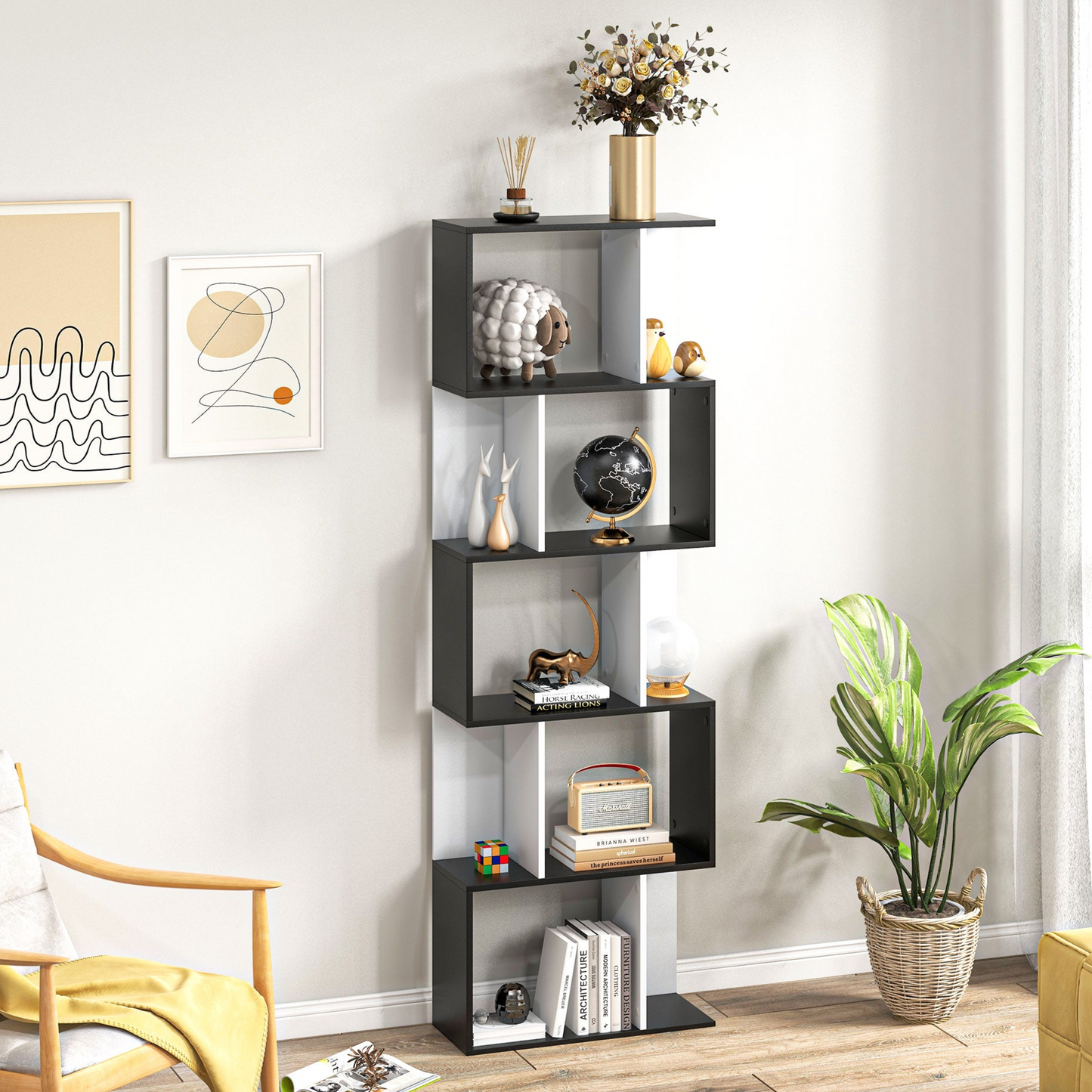 Modern 5-Tier S-Shaped Display Bookcase, Black