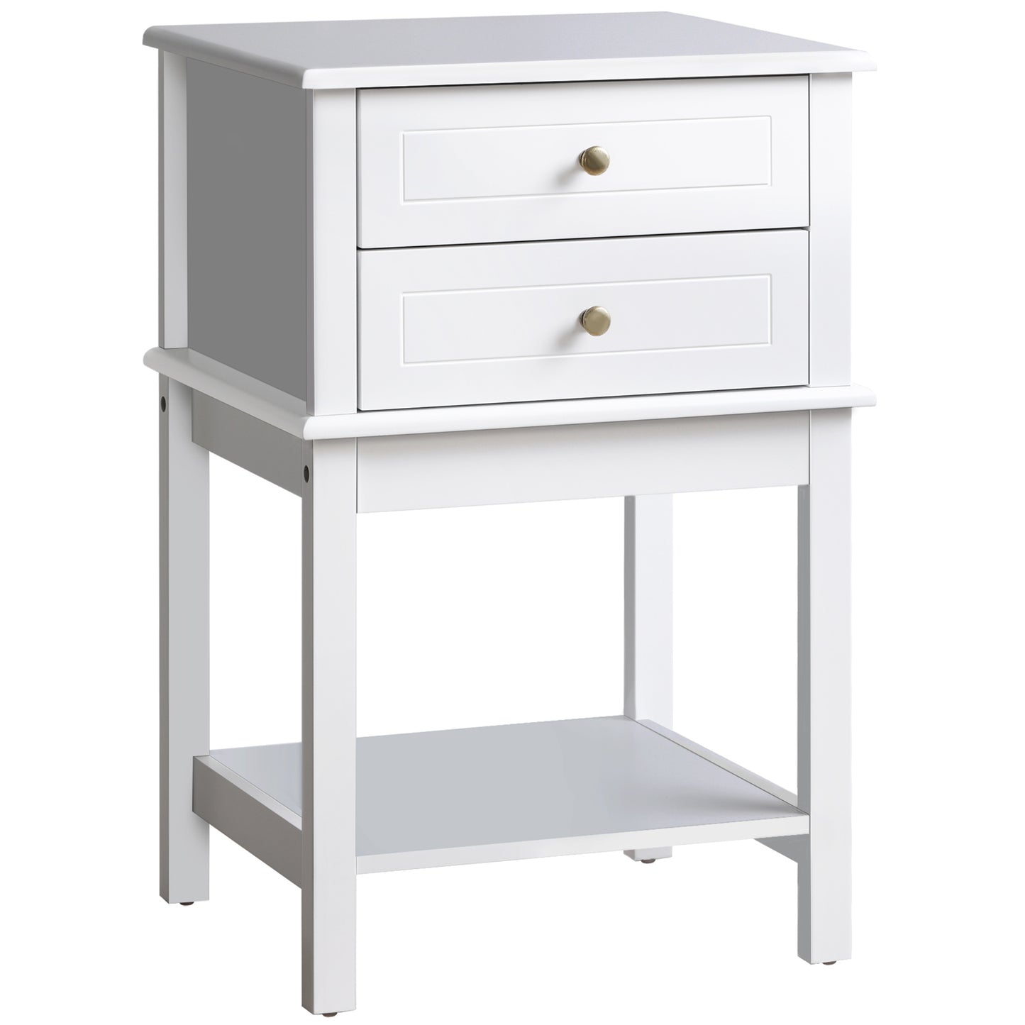 White Modern End Table with Drawers and Storage Shelf