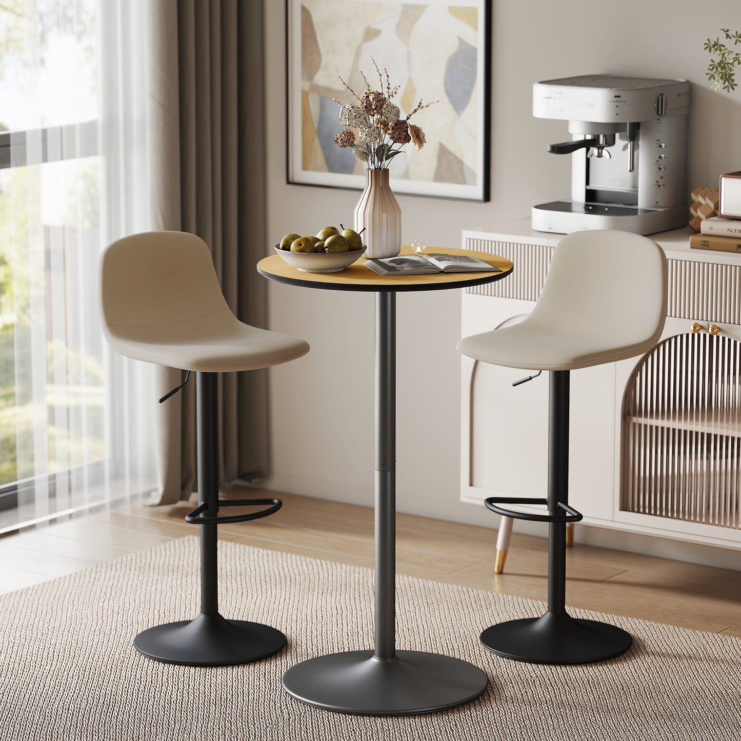 Bar Height Round Table with Wood Veneer Top for 2 People, Natural Wood