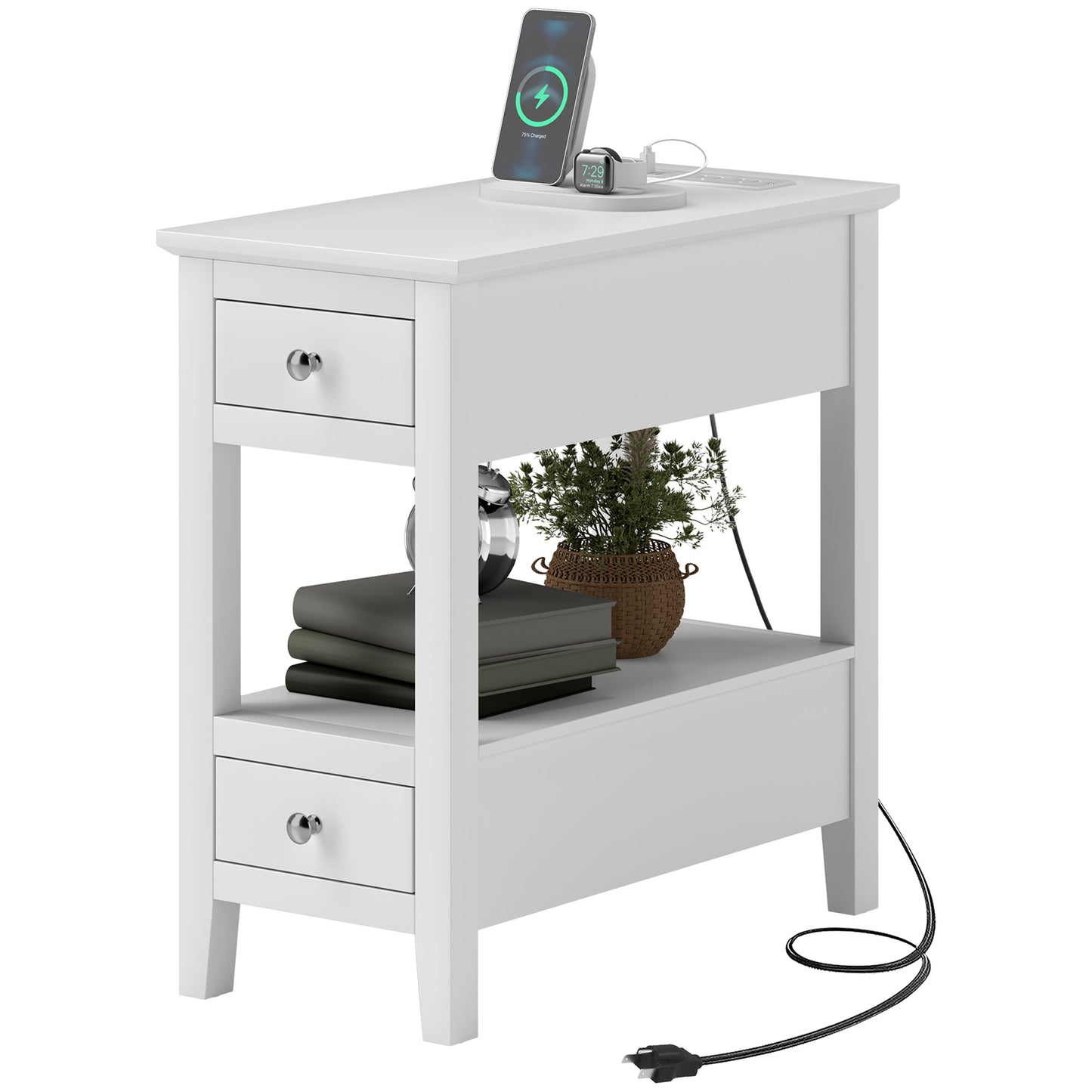 Narrow Side Table with Built-in Charging Station and USB Ports, White