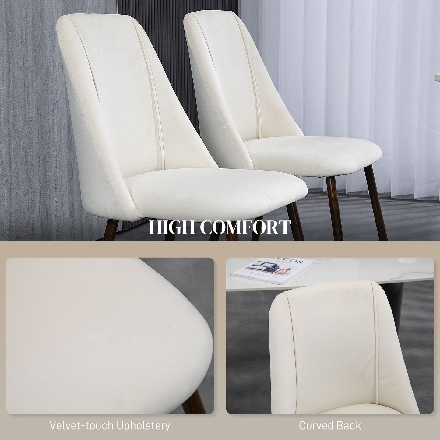 Velvet Upholstered Dining Chairs with Wood Grain Steel Legs, Cream White (Set of 4)