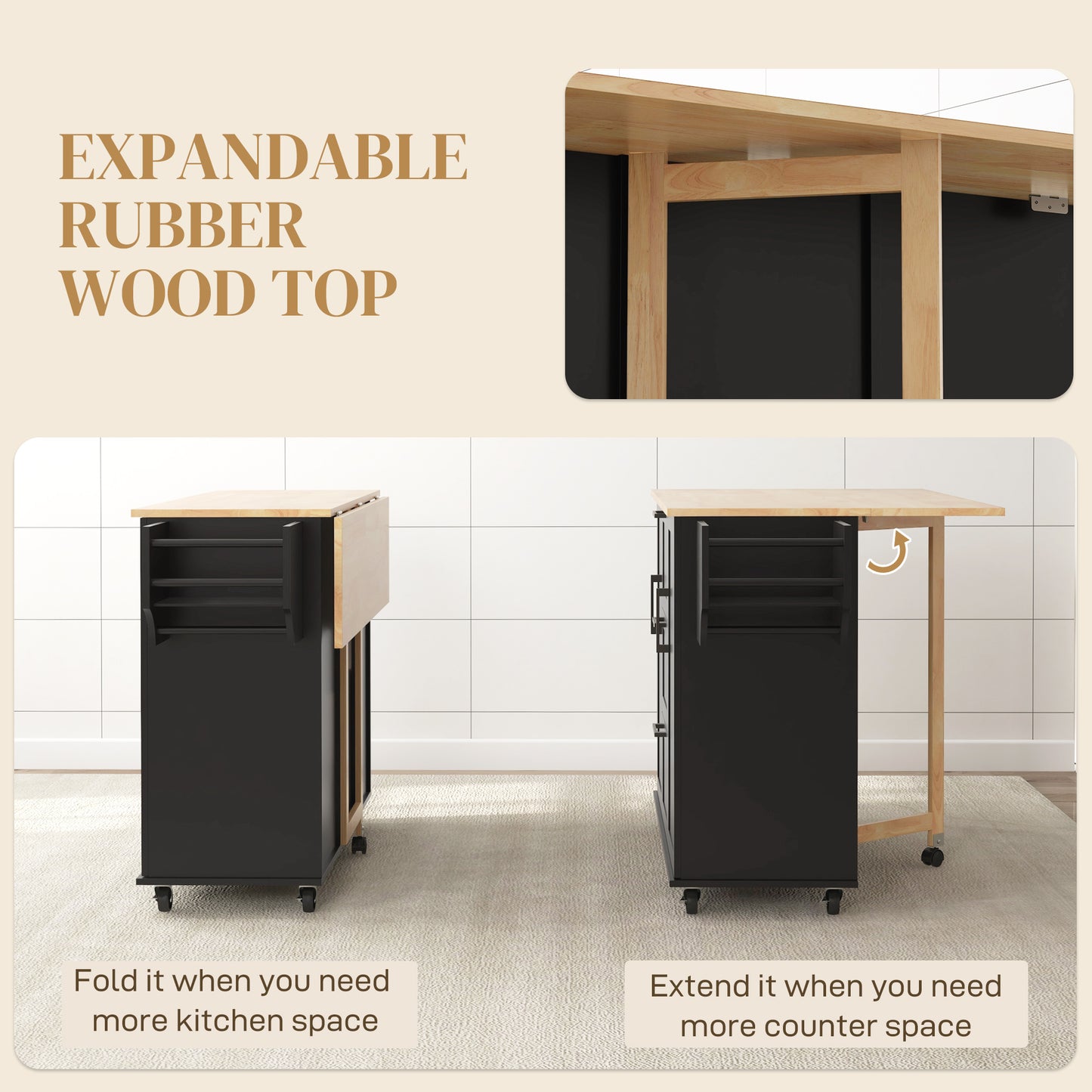 Rolling Kitchen Cart with Drop Leaf, 3 Drawers and Solid Wood Top, Black