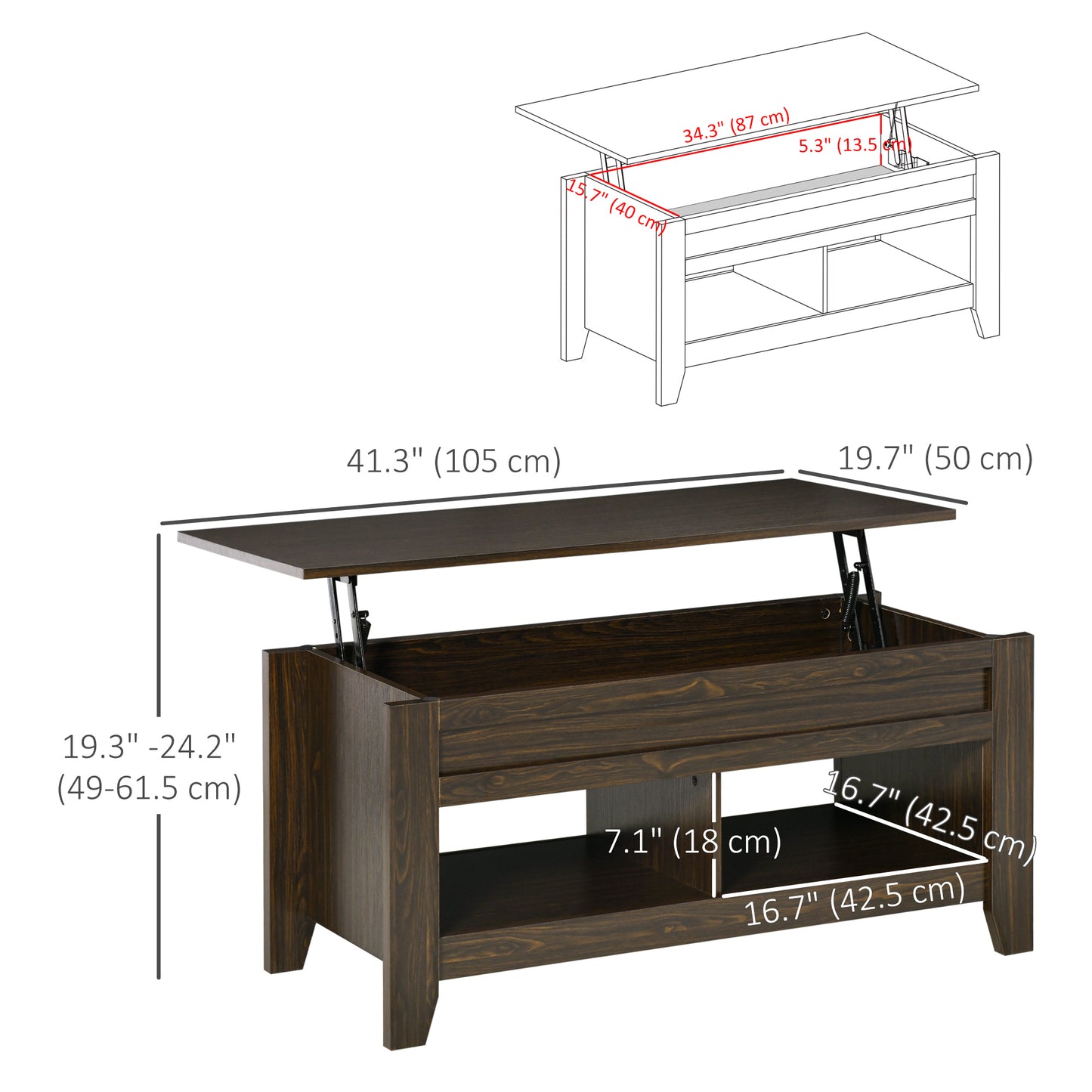 Lift Top Coffee Table with Hidden Storage, Dark Walnut
