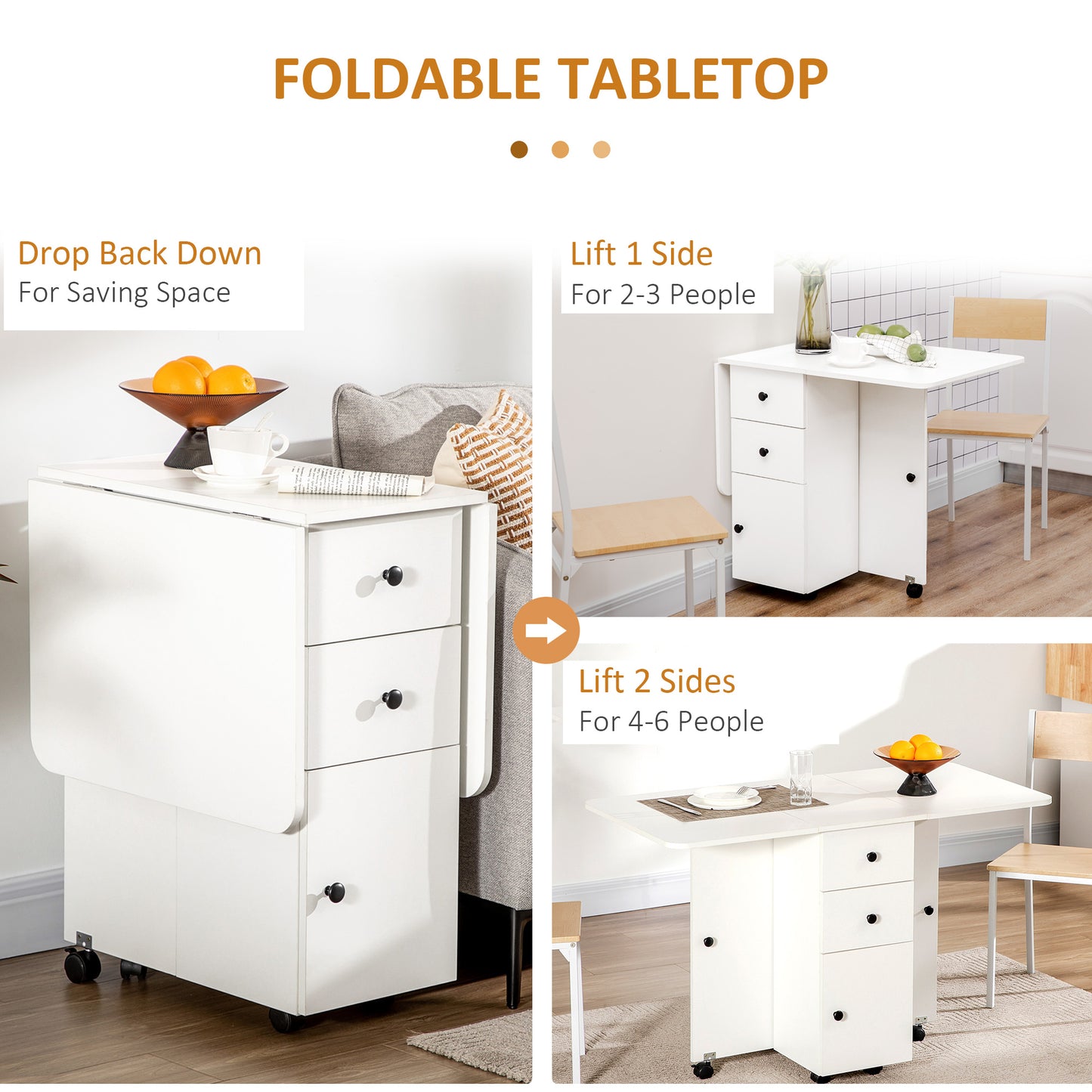 Rolling Dining Table with Storage Drawers and Cabinet - White