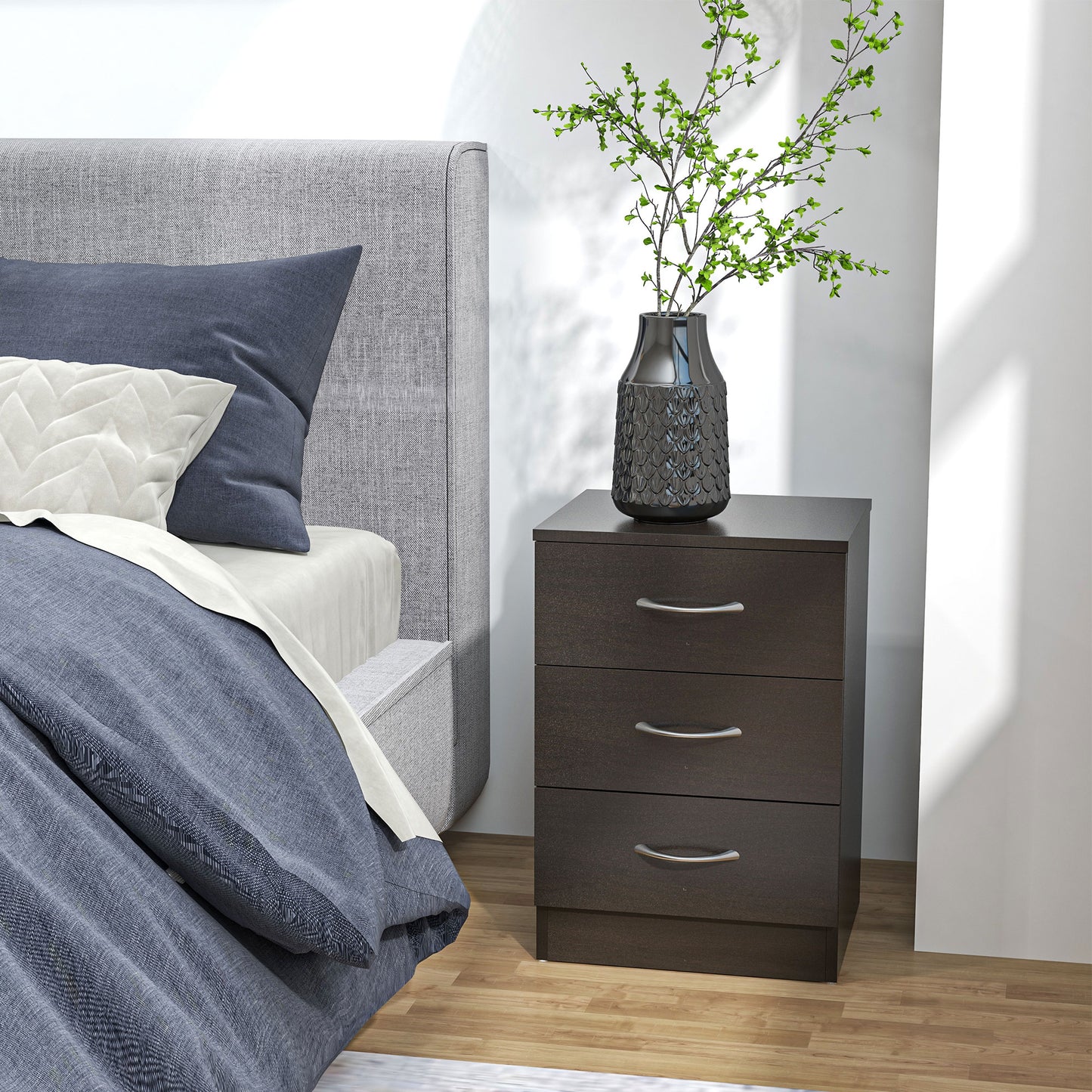 Modern 3-Drawer Nightstands with Anti-Tip Design, Dark Brown (Set of 2)
