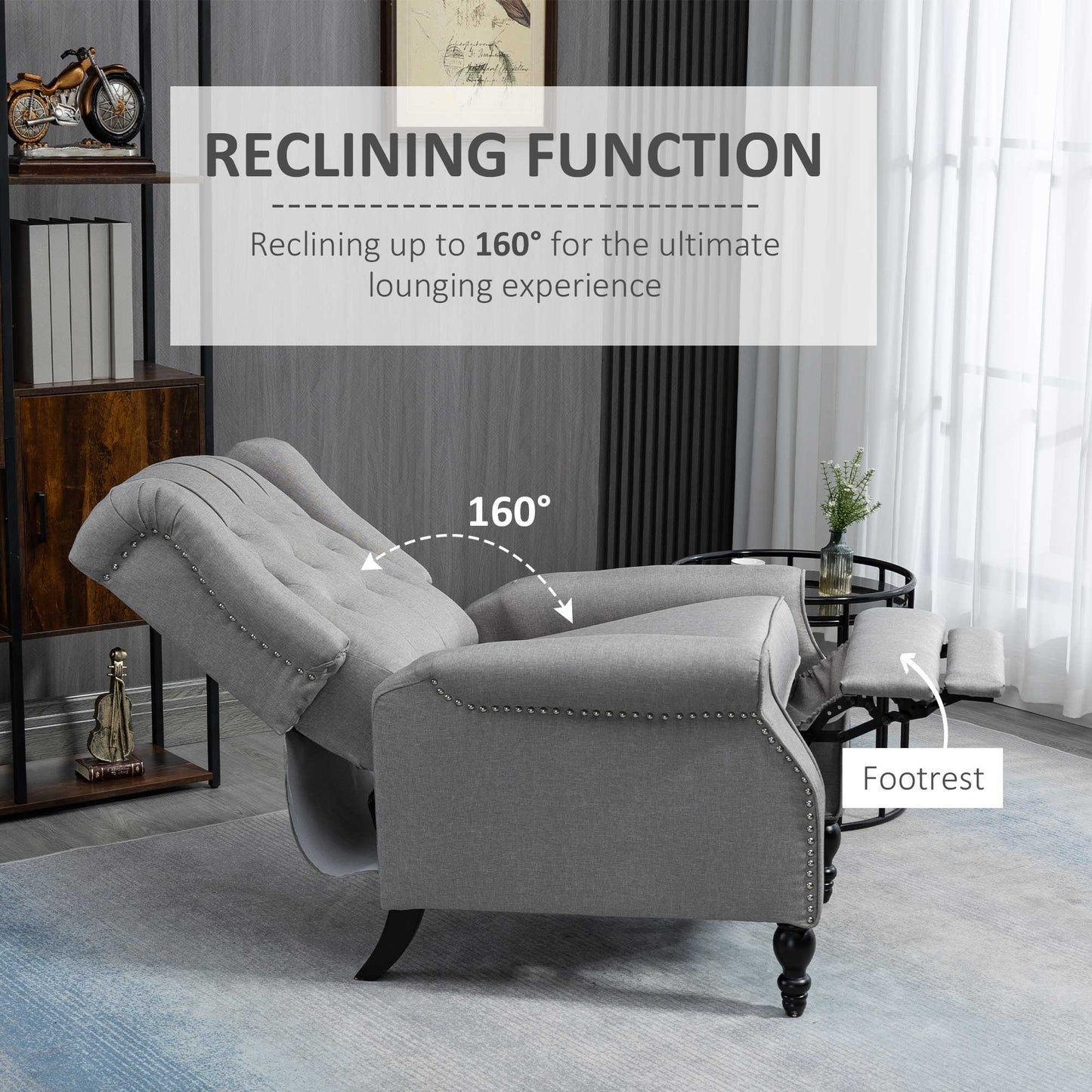 Manual Reclining Chair with Button Tufted Backrest, Light Grey