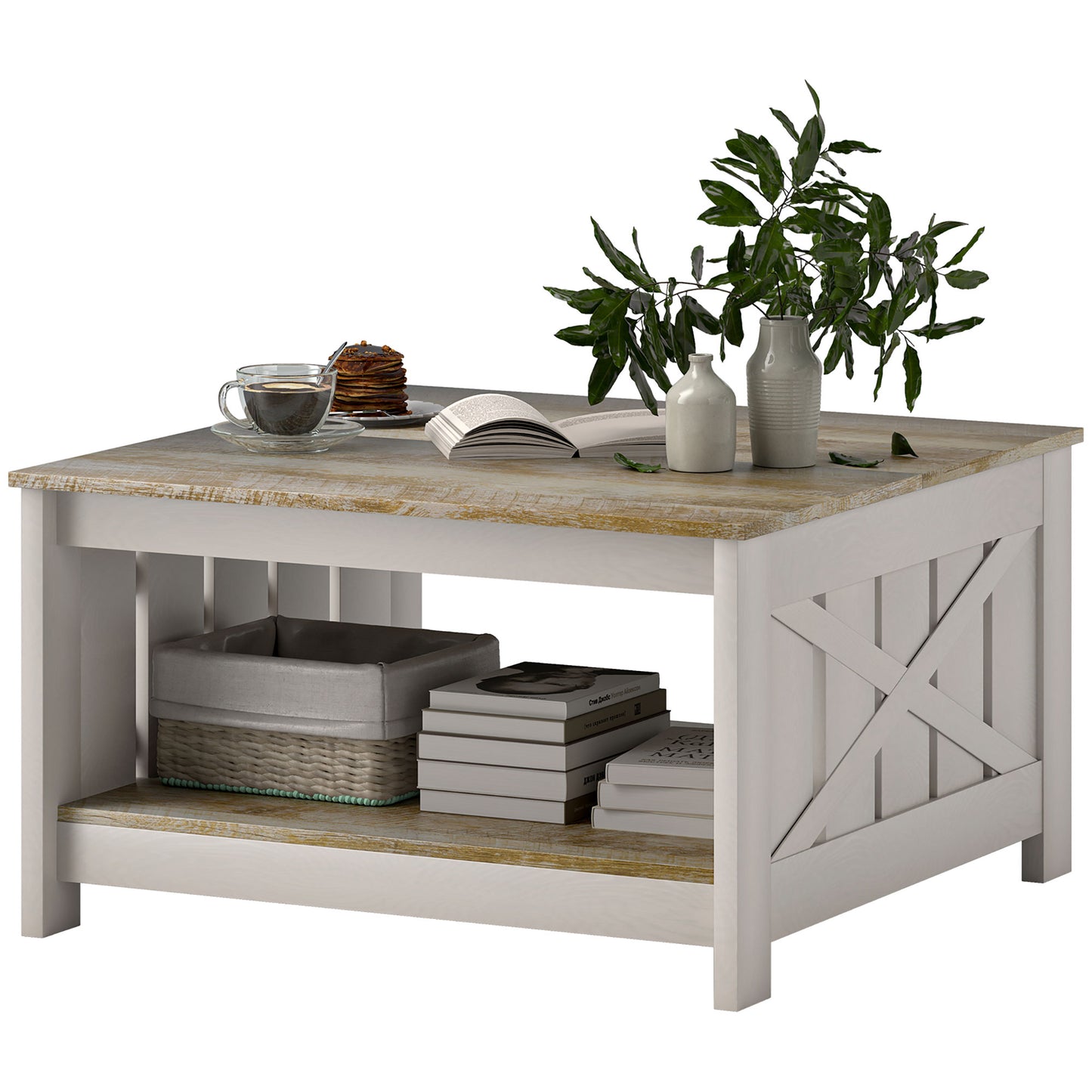 Farmhouse Square Coffee Table with X-Frame Design - Distressed Oak and Brown