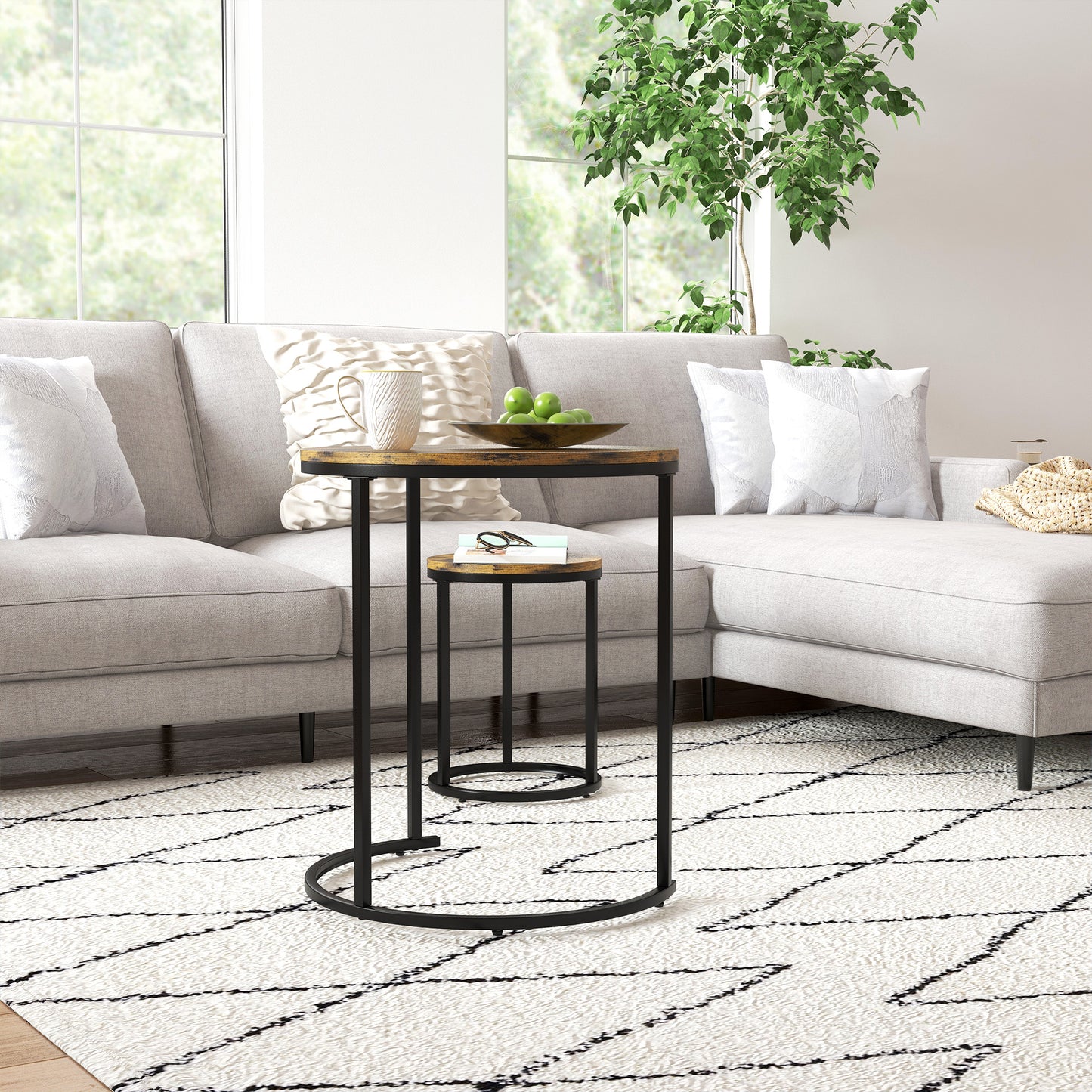 Round Nesting Coffee Table Set of 3 with Steel Frame - Rustic Brown