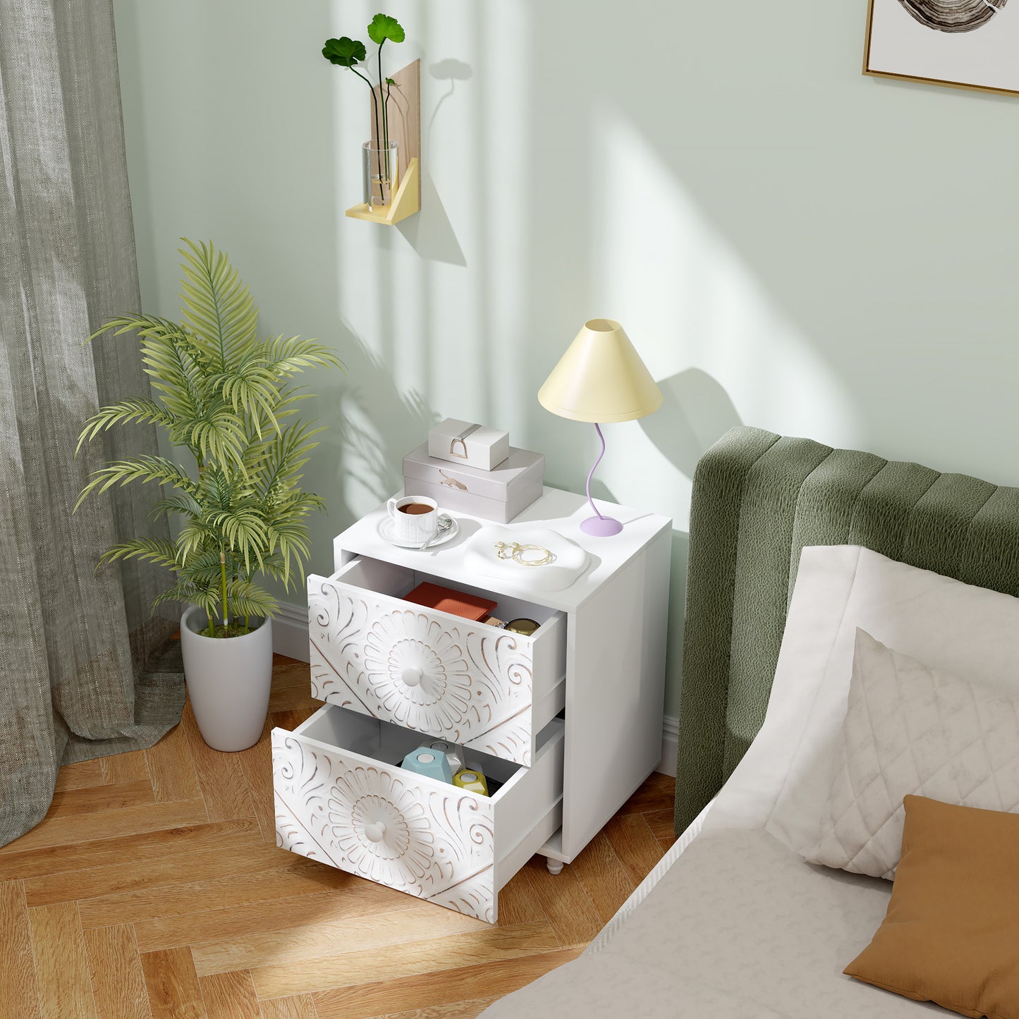 Mid-Century Nightstand with Unique Carved Details and 2 Drawers, White