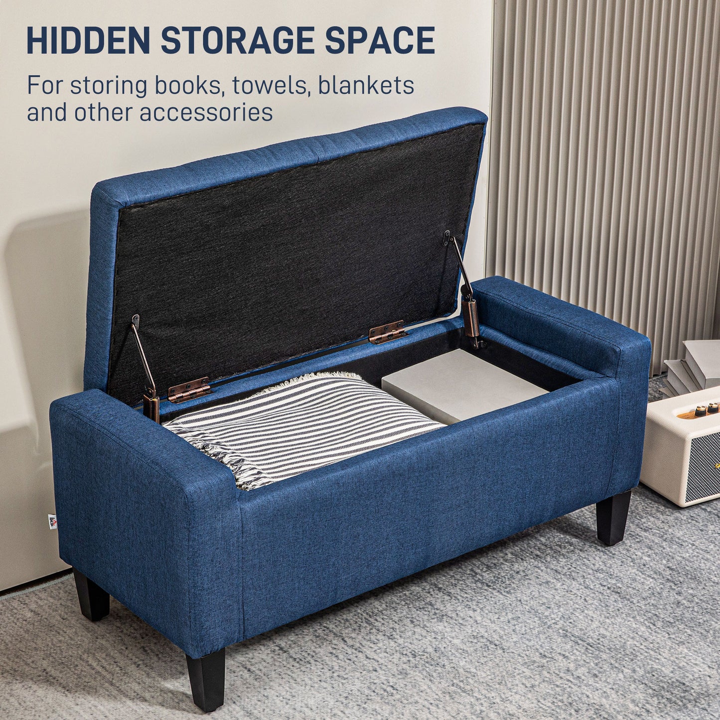 Linen Upholstered Storage Ottoman Bench with Tufted Design, Dark Blue