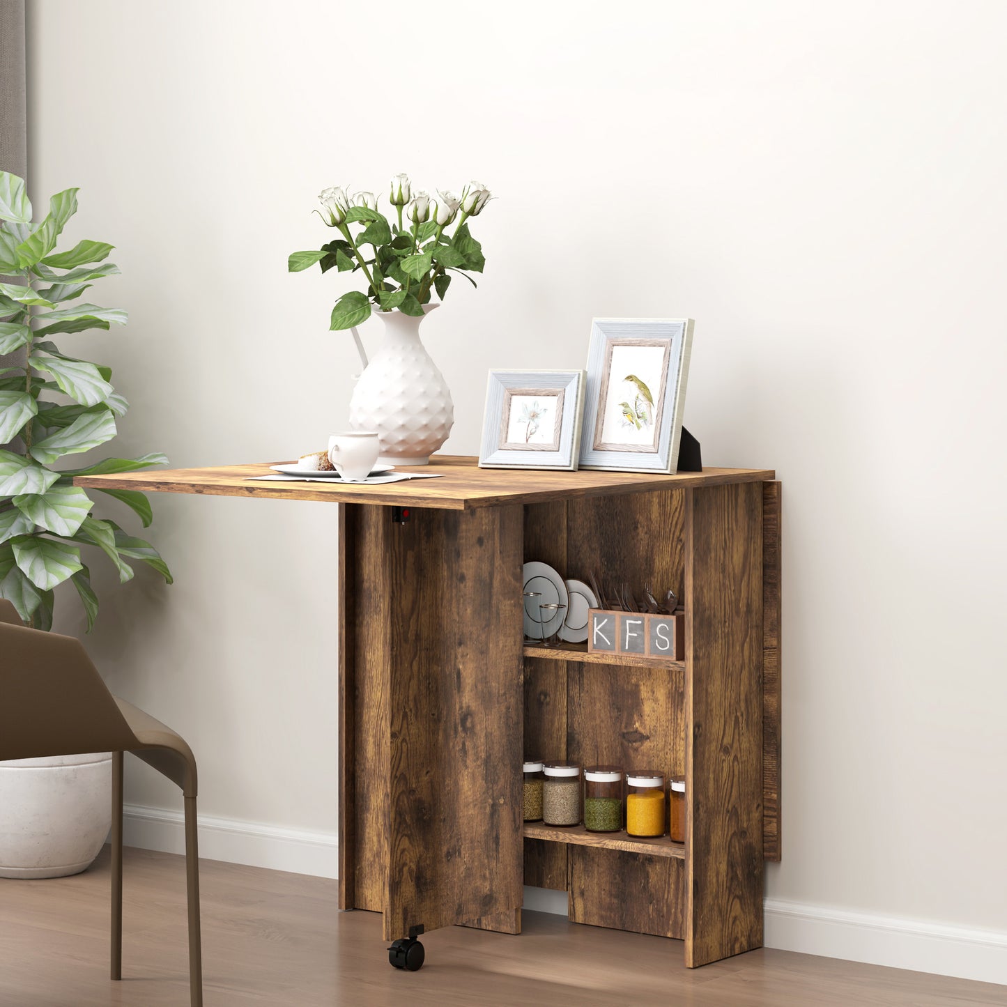 Rustic Brown Extendable Dining Table with Shelves and Wheels