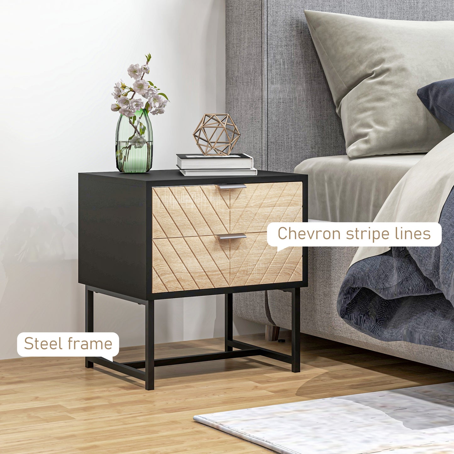 Modern Herringbone Nightstand with Steel Frame, Black and Oak