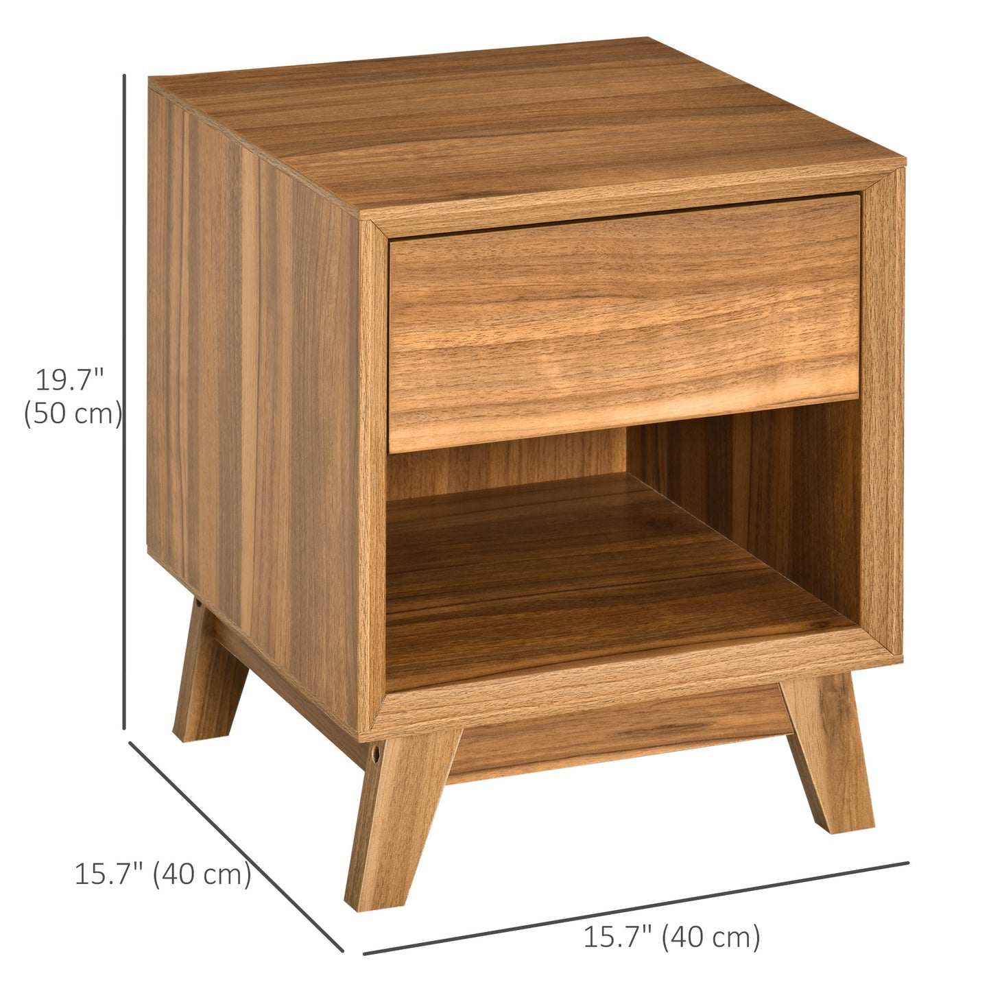 Compact Bedside Table with Drawer and Open Shelf, Walnut Brown