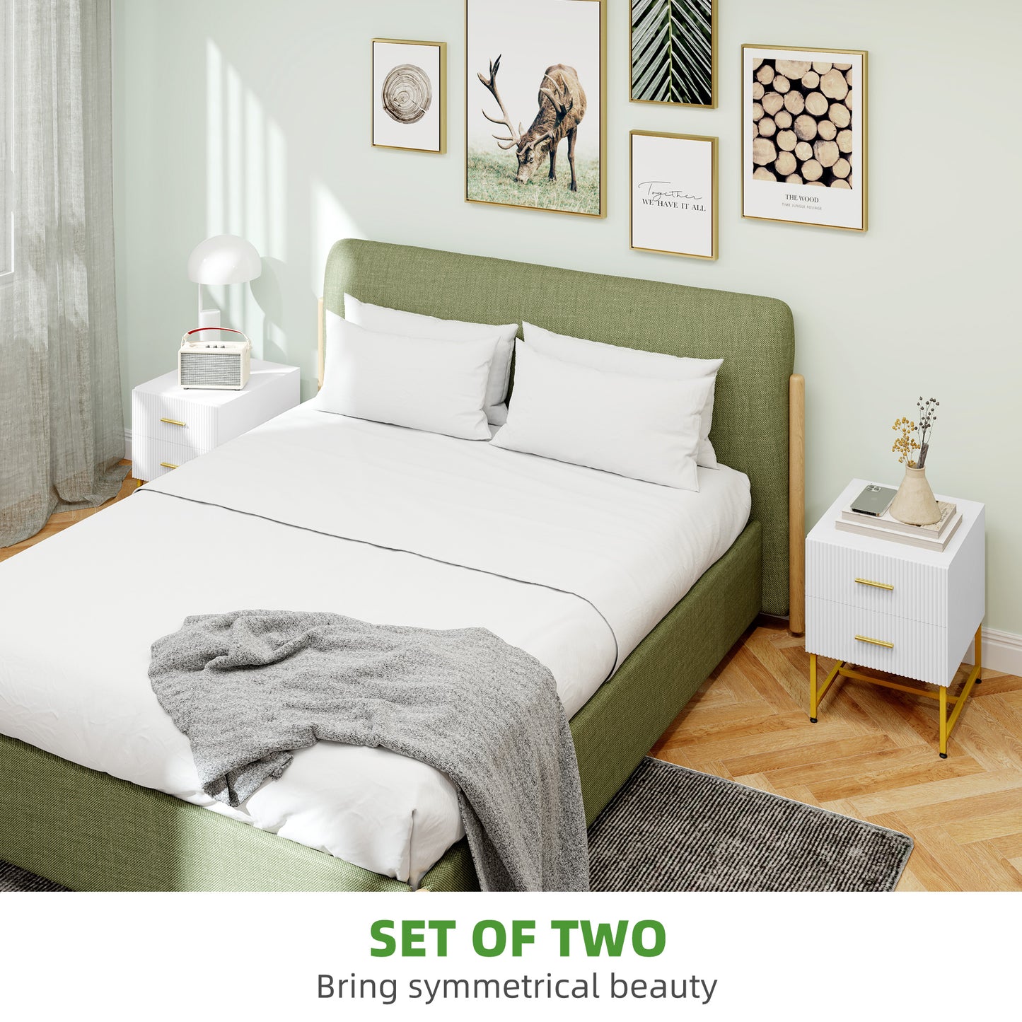 Modern Fluted Nightstands with Gold Legs and 2 Drawers, White (Set of 2)