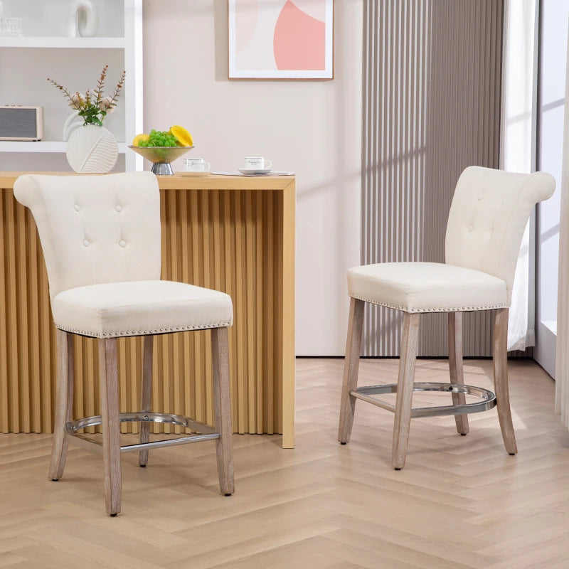 Upholstered Counter Stools with Button Tufted Back and Wood Legs, Cream White (Set of 2)