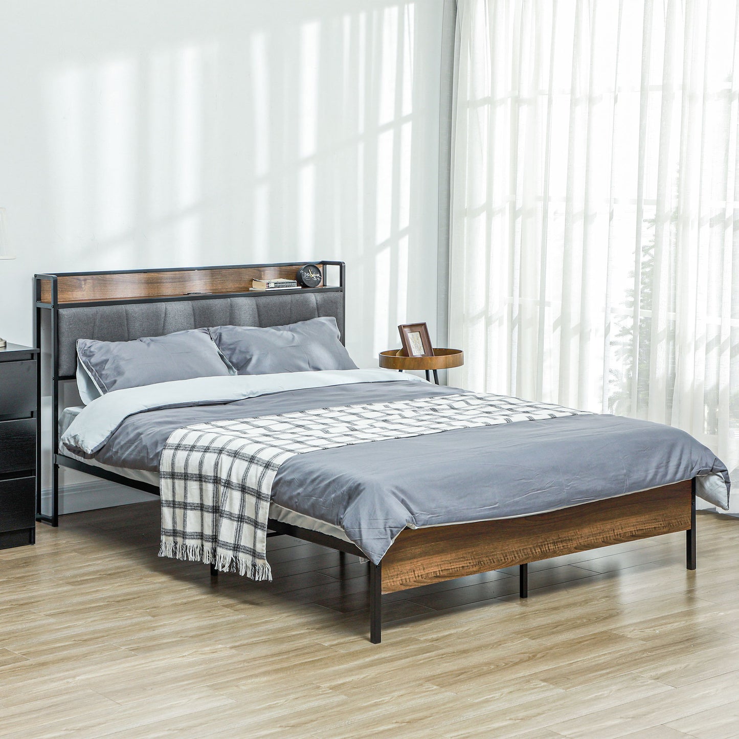 Full Size Bed Frame with Upholstered Headboard and Charging Station