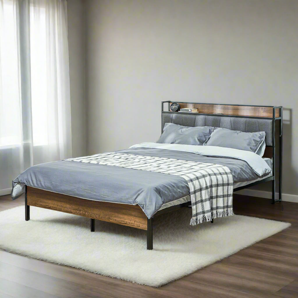 Full Size Bed Frame with Upholstered Headboard and Charging Station