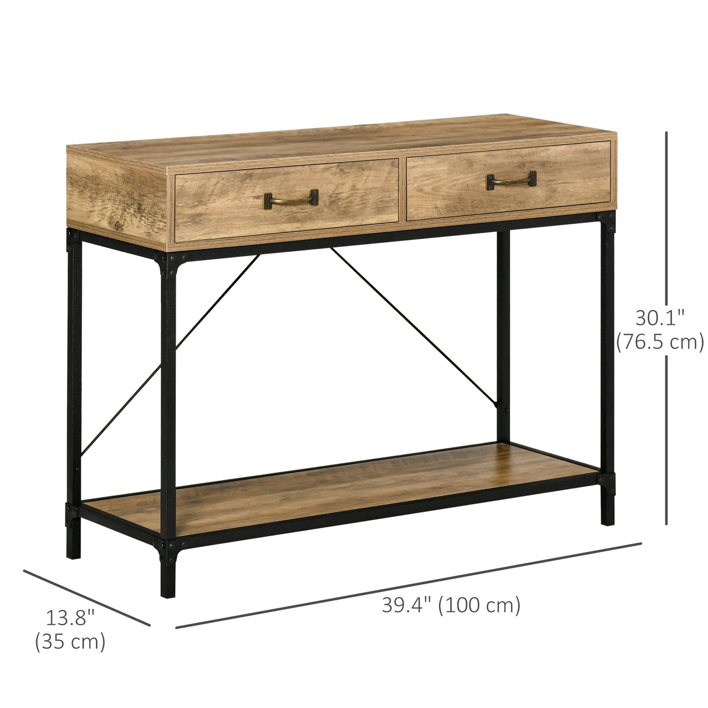 39" Vintage Console Table with Industrial Frame and Storage, Brown