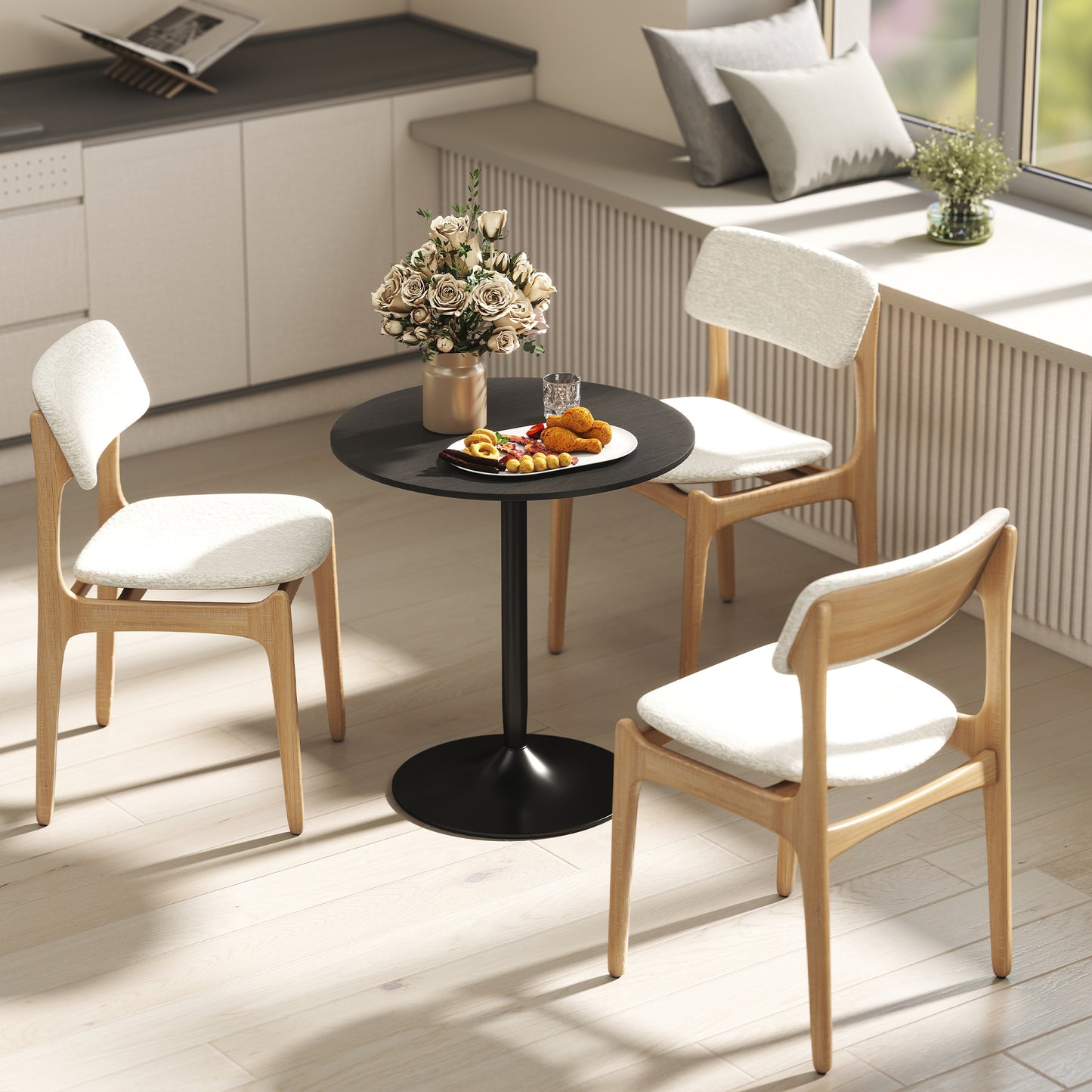 27" Round Dining Table with Wood Veneer and Steel Pedestal Base, Black
