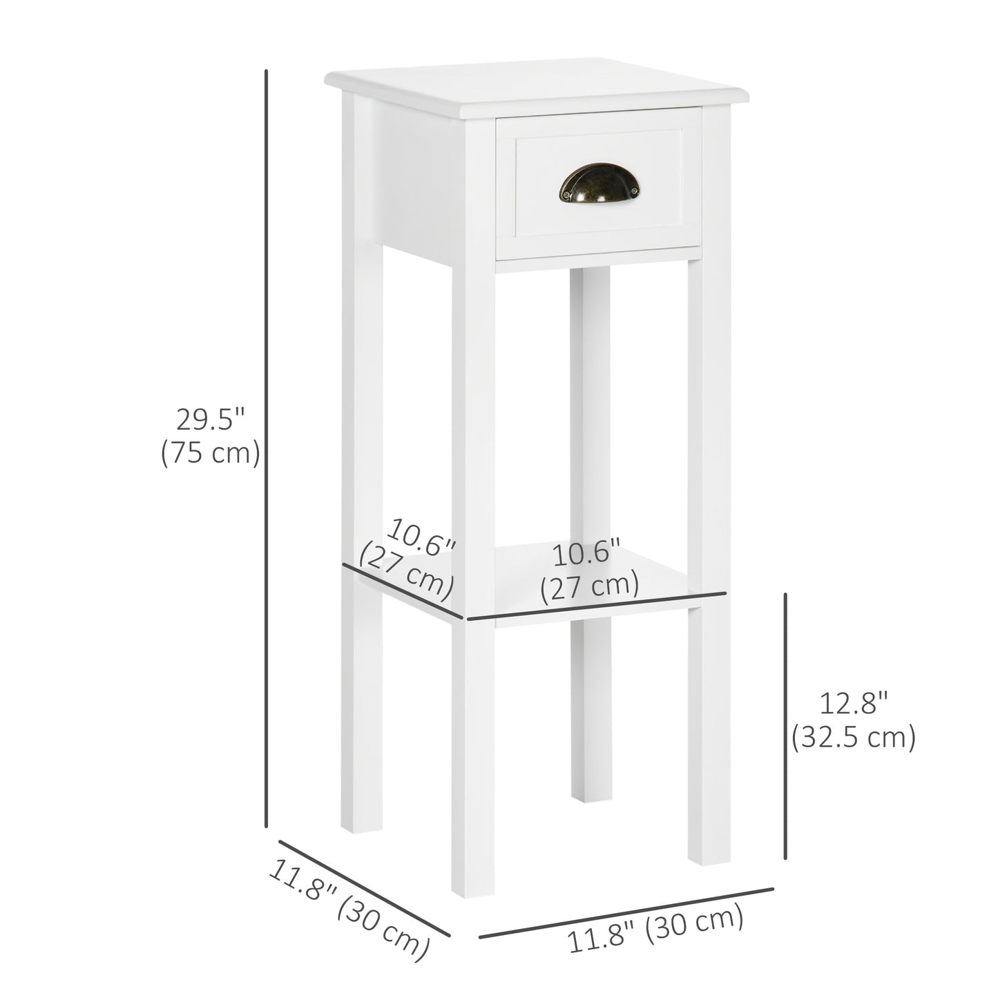 Narrow Tall Side Tables with Drawer and Shelf, White (Set of 2)