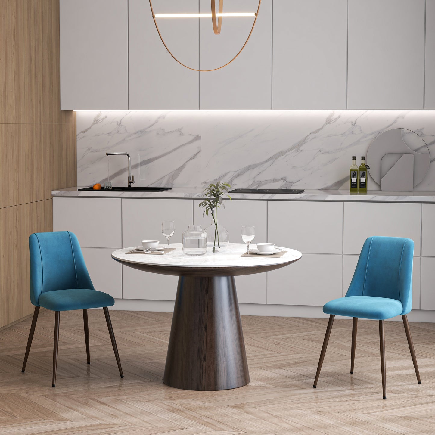 Velvet Dining Chairs with Wood Grain Steel Legs, Blue (Set of 4)