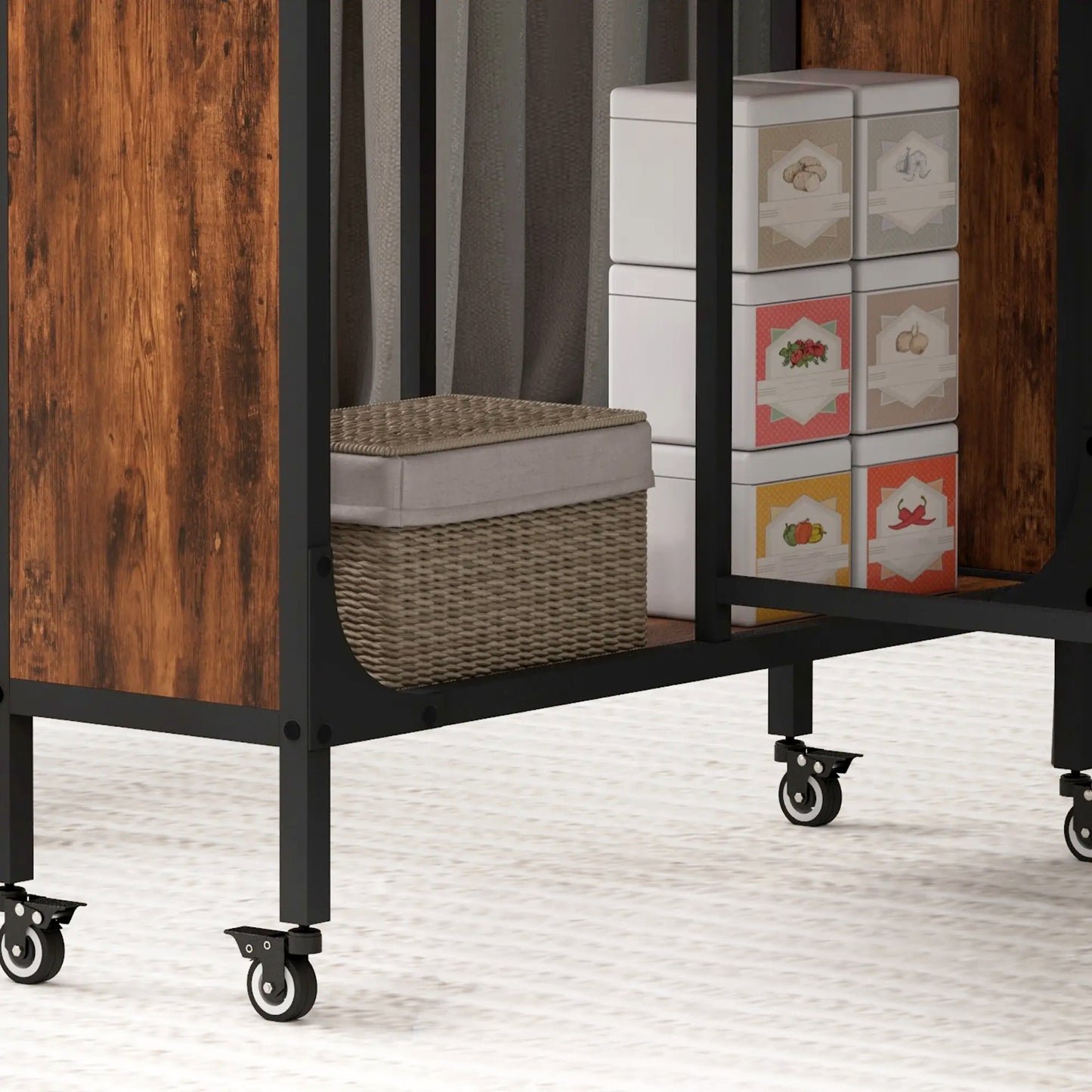 Folding Dining Table with Storage Shelf and 6 Wheels - Rustic Brown