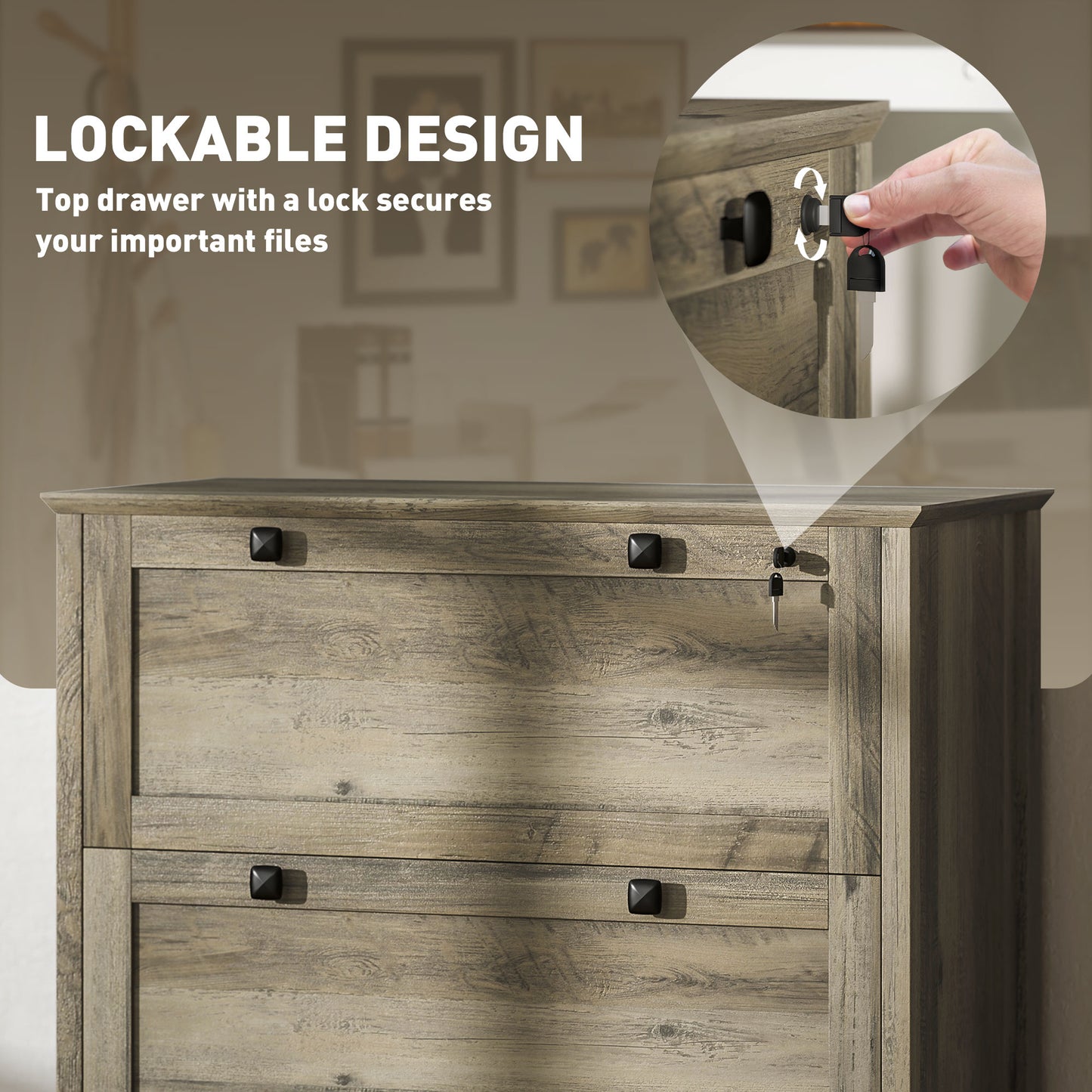 2-Drawer Wooden File Cabinet with Lock - Grey