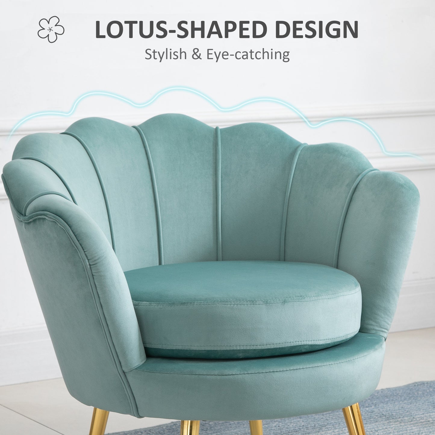 Modern Velvet Accent Chair with Lotus Backrest and Gold Legs, Green