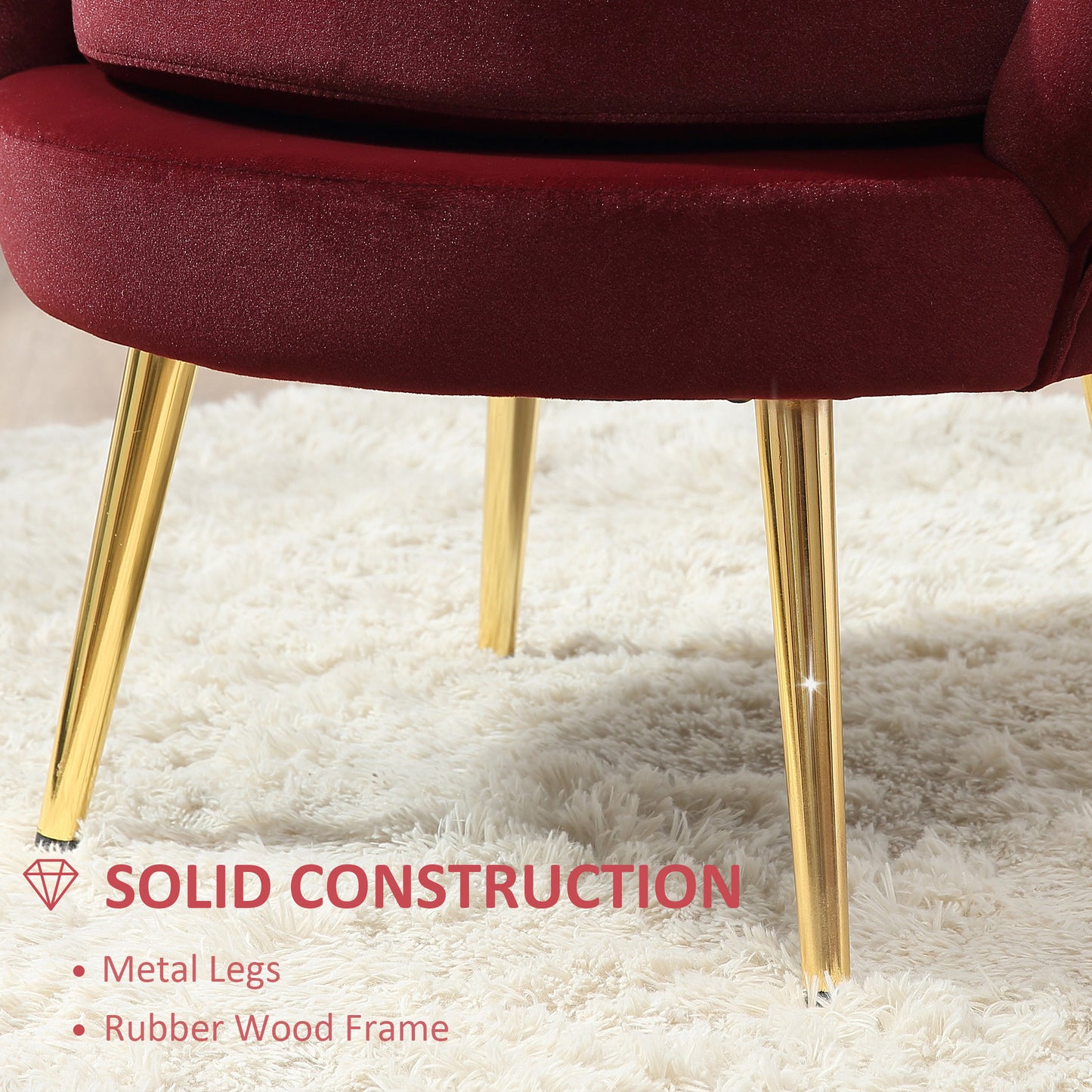 Modern Velvet Accent Chair with Lotus Backrest and Gold Legs, Wine Red