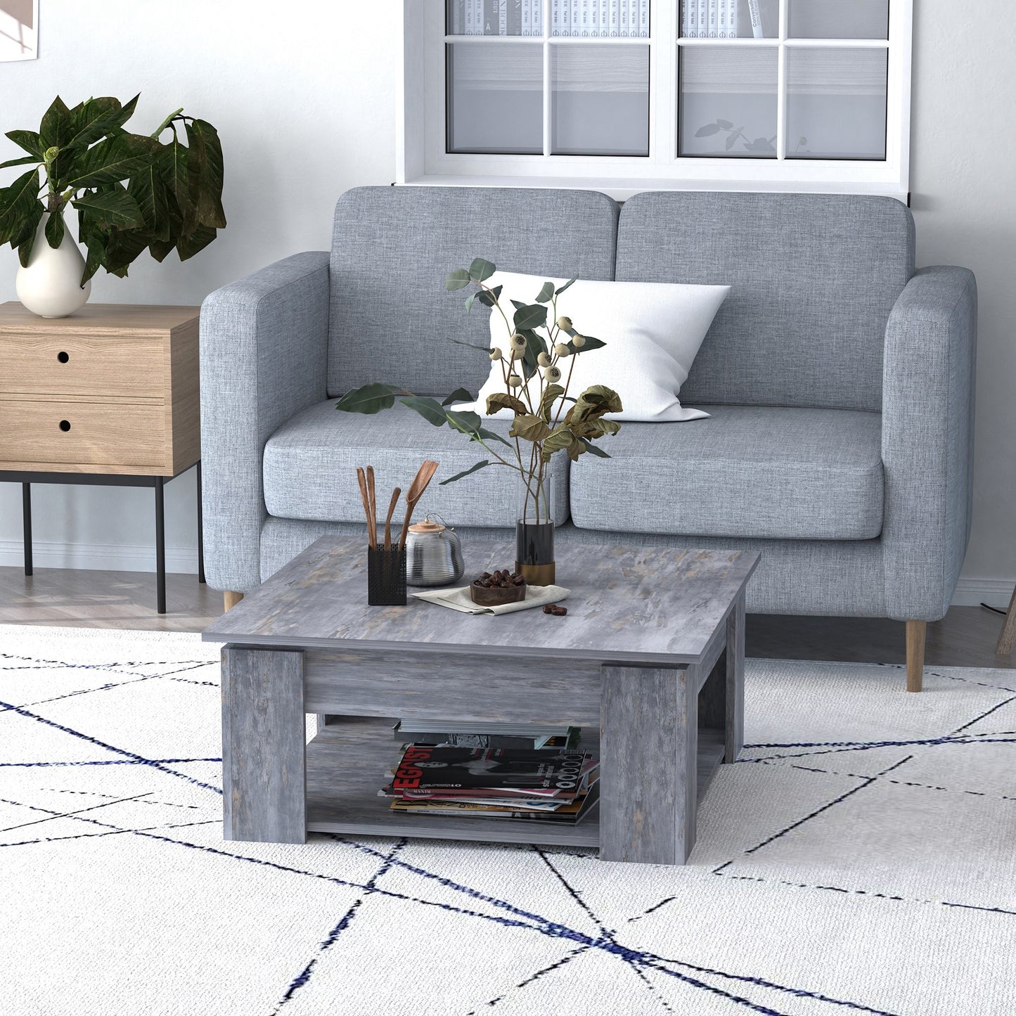 Modern Square Coffee Table with Storage Shelf - Grey