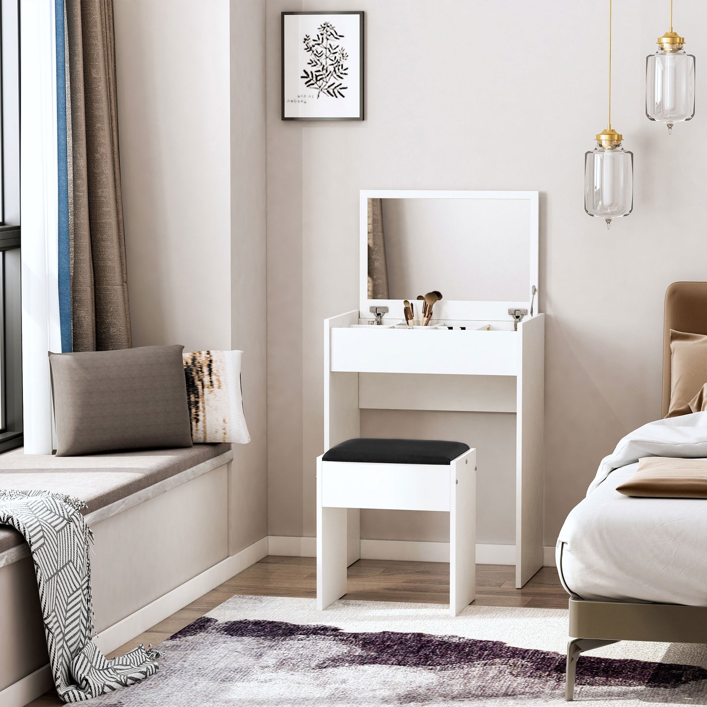 White Makeup Vanity Set with Flip-Top Mirror and Stool