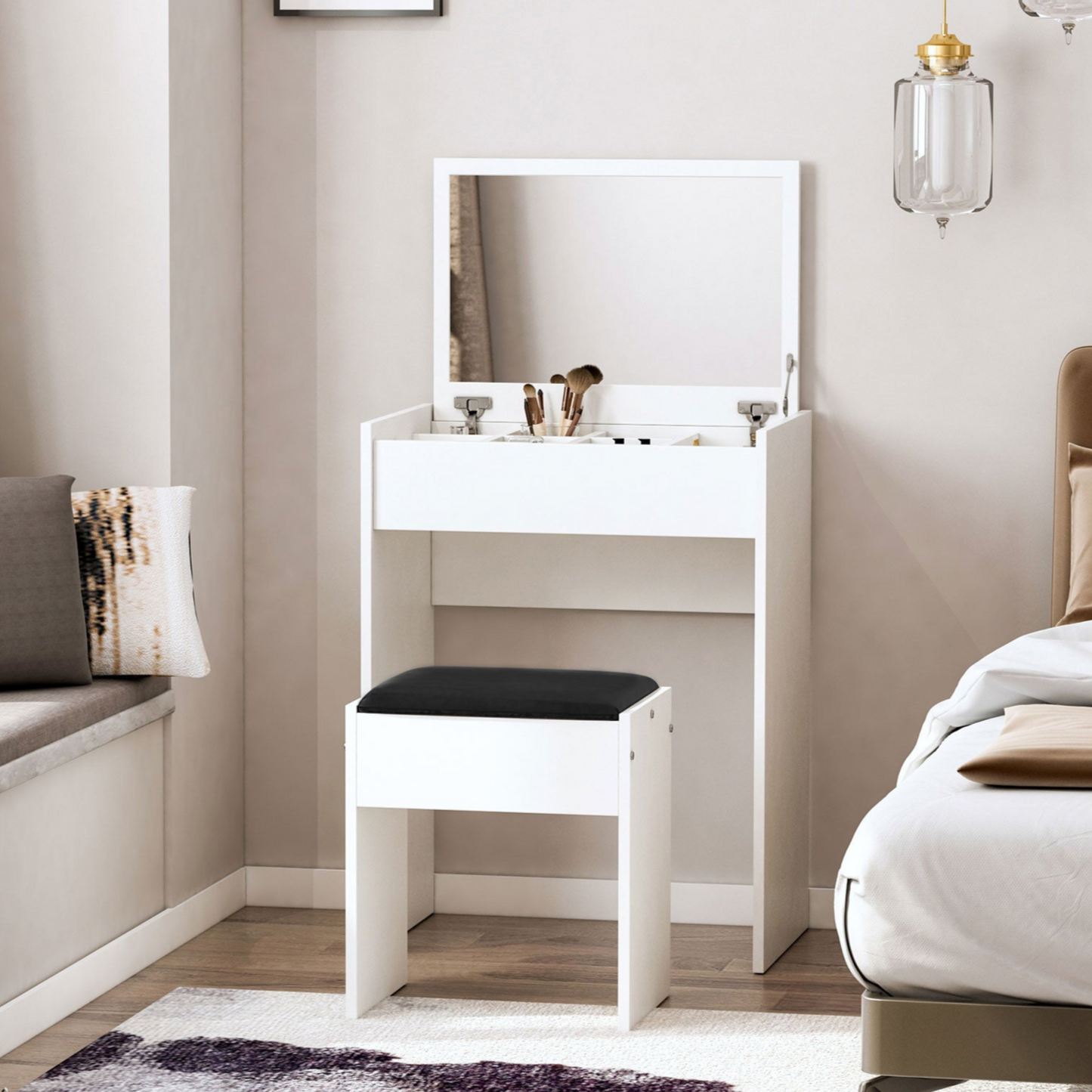 White Makeup Vanity Set with Flip-Top Mirror and Stool