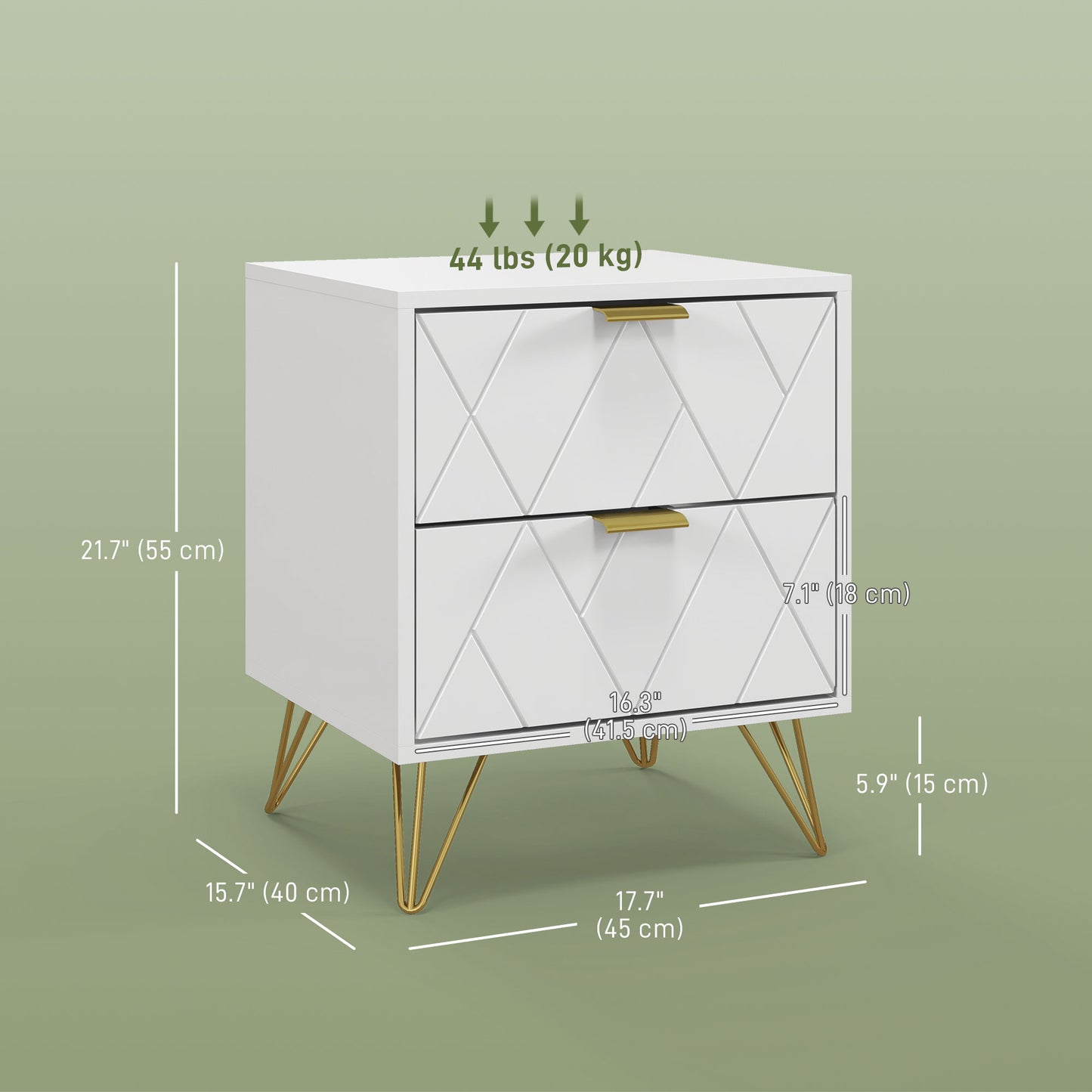 Modern Bedside Table with Gold Hairpin Legs and 2 Drawers, White