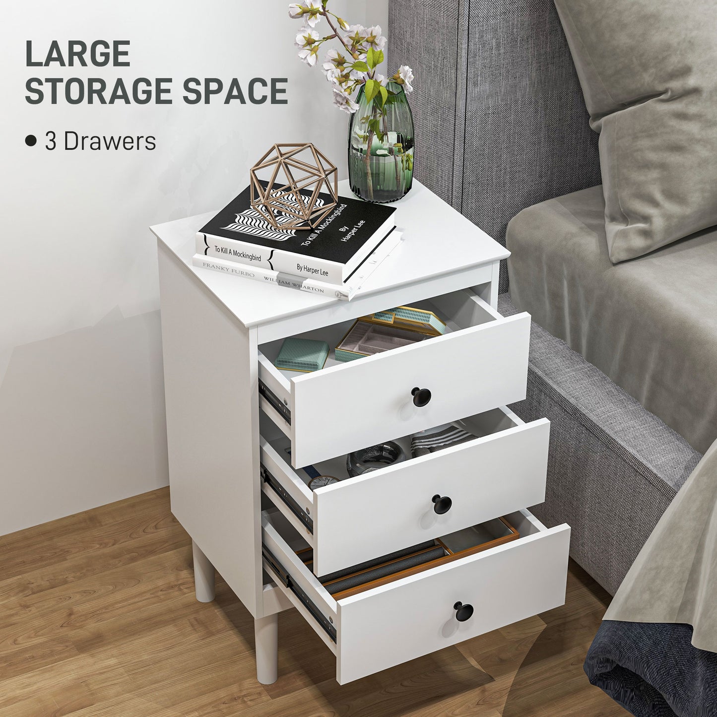 3-Drawer Modern Bedside Tables with Anti-Tip Design, White (Set of 2)